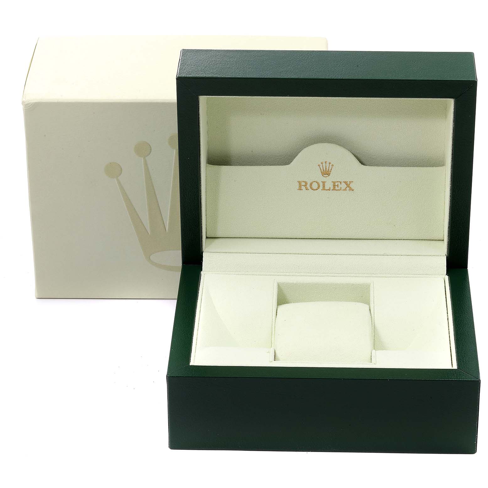 The image shows an open Rolex Milgauss 116400GV Men
s Stainless Steel Blue Dial 116400GV Men
s Stainless Steel Blue Dial watch box, revealing the interior padding and compartments.