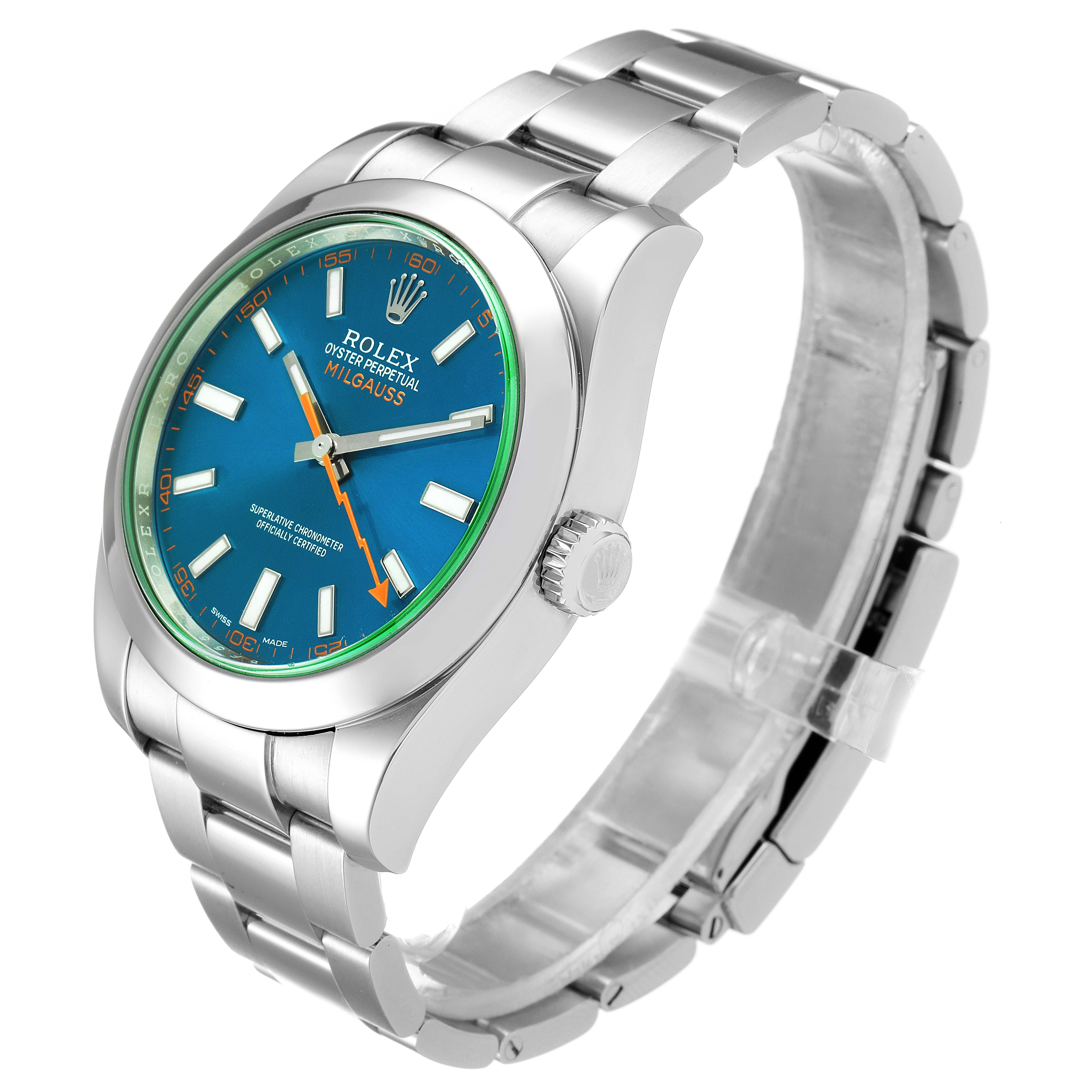The Rolex Milgauss 116400GV Men
s Stainless Steel Blue Dial 116400GV Men
s Stainless Steel Blue Dial watch is shown at a three-quarter angle, highlighting its blue dial, stainless steel case, and bracelet.