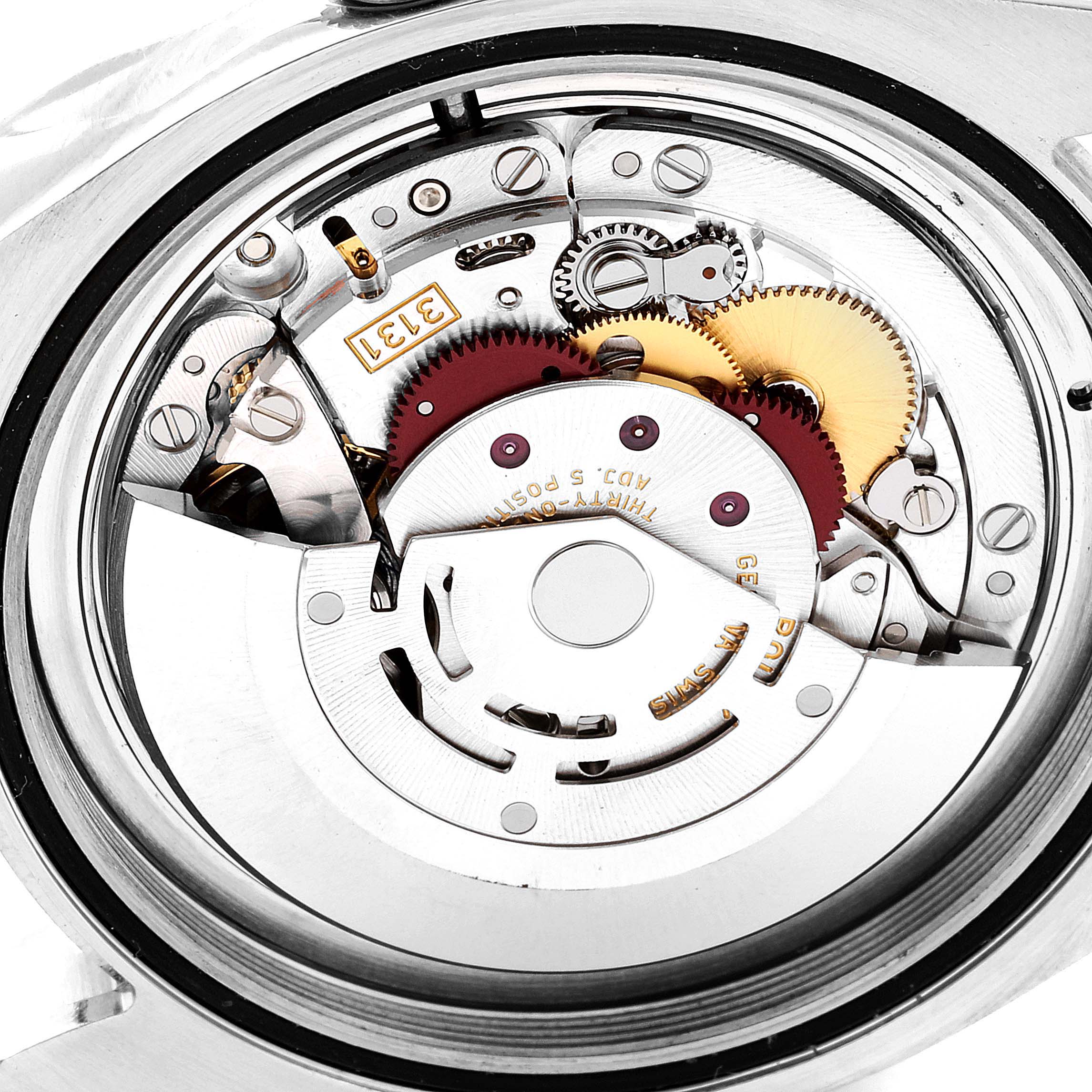 This image shows the internal mechanical movement of the Rolex Milgauss 116400GV Men
s Stainless Steel Blue Dial 116400GV Men
s Stainless Steel Blue Dial watch from an overhead angle.