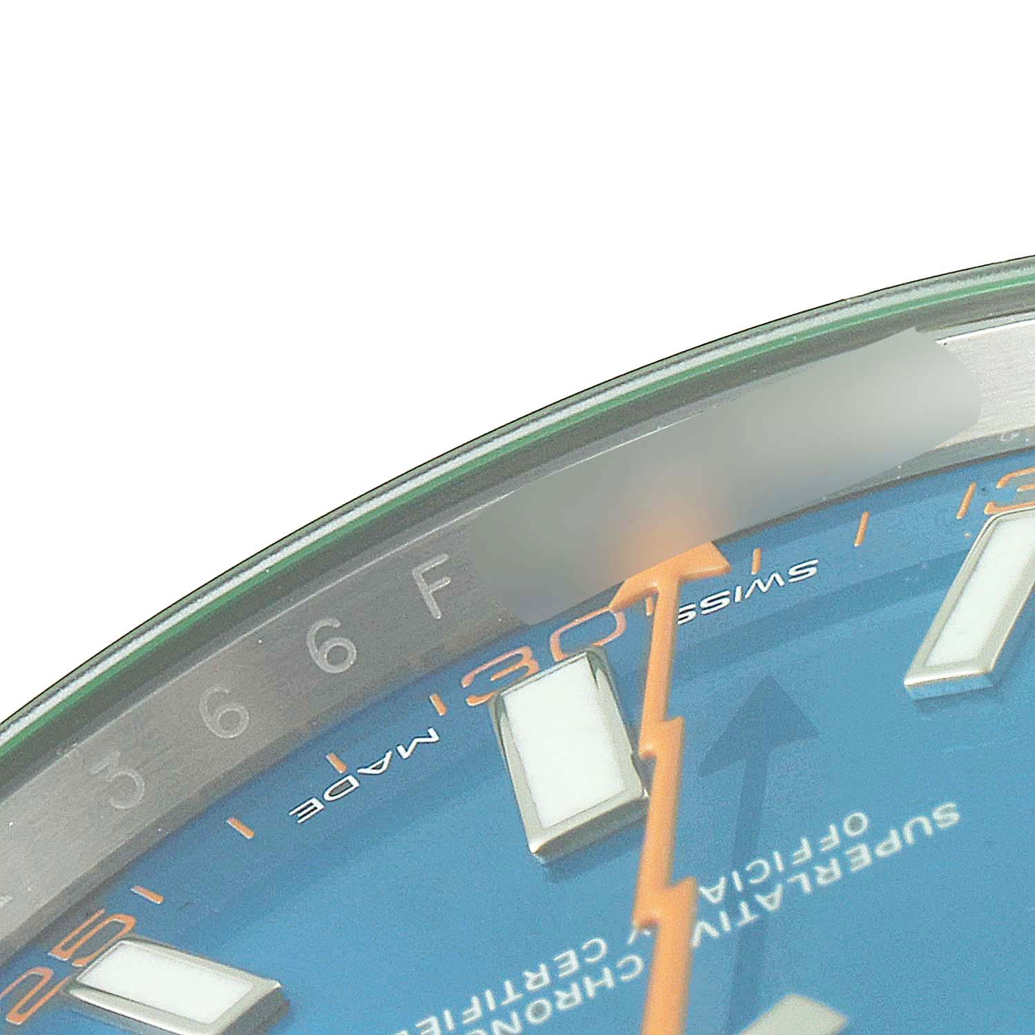 The image shows a close-up angle of the dial and minute markers of a Rolex Milgauss 116400GV Men
s Stainless Steel Blue Dial 116400GV Men
s Stainless Steel Blue Dial watch, highlighting the orange lightning-bolt seconds hand.
