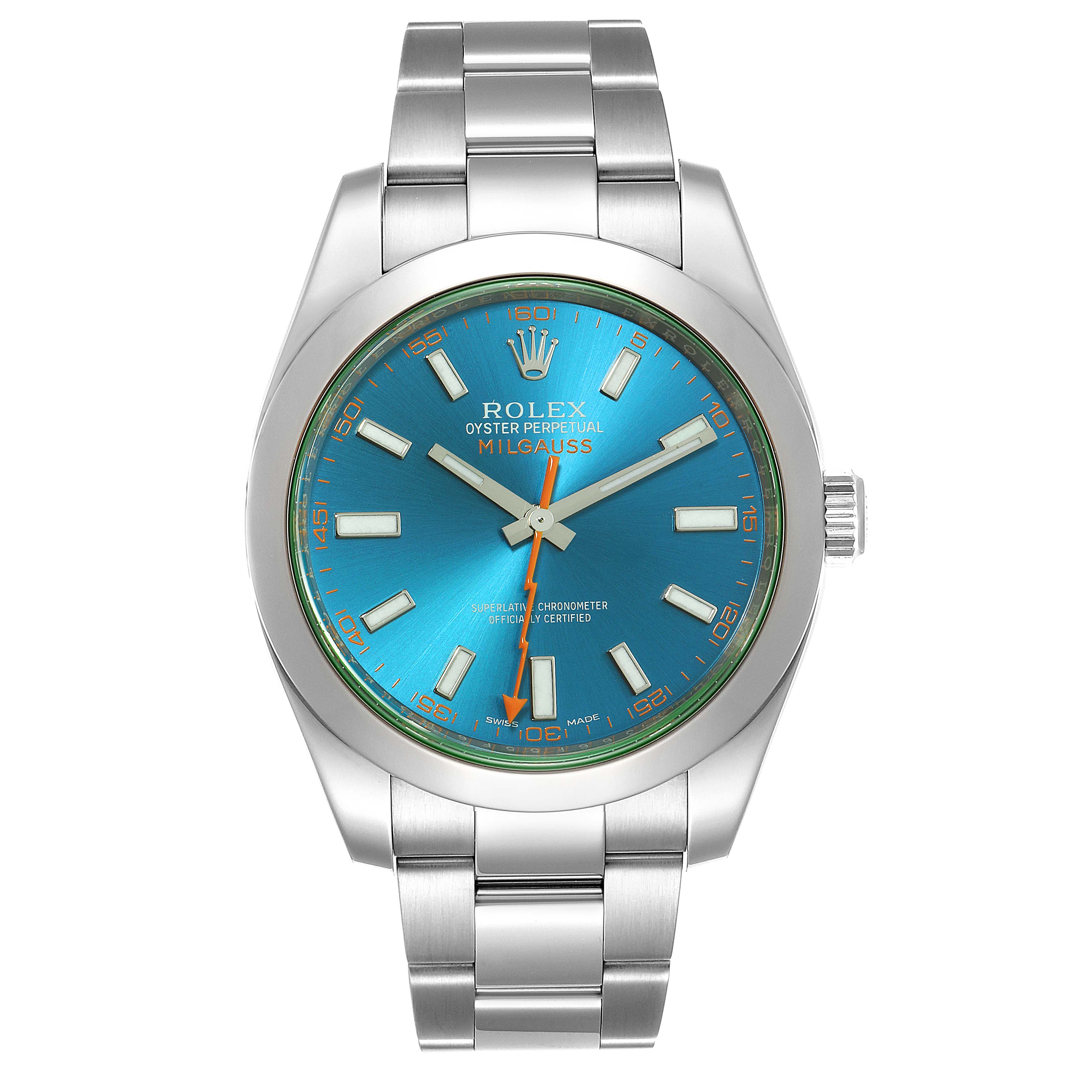 This image shows the front view of a Rolex Milgauss 116400GV Men
s Stainless Steel Blue Dial 116400GV Men
s Stainless Steel Blue Dial watch, displaying the dial, hands, case, and bracelet.