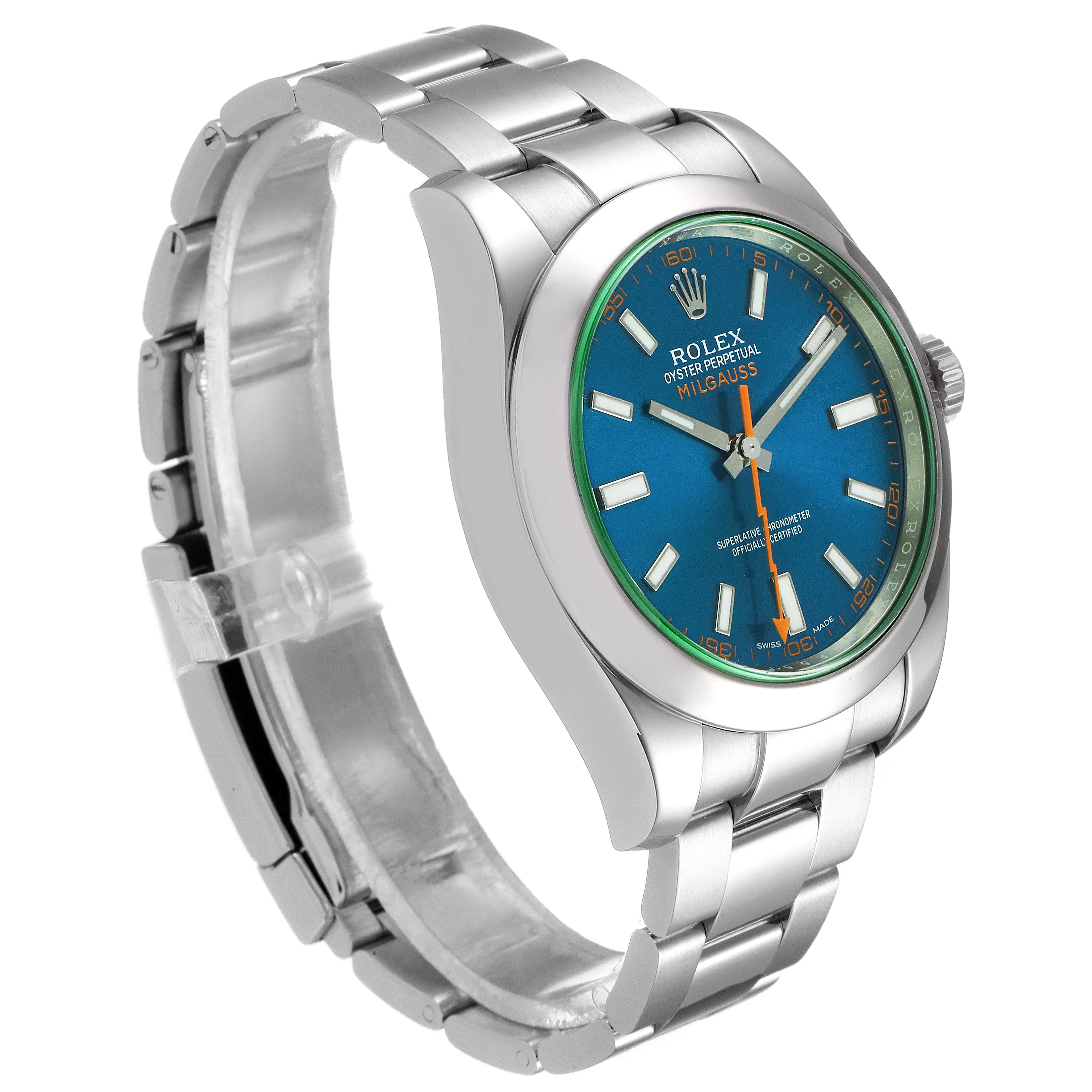 The image shows a Rolex Milgauss 116400GV Men
s Stainless Steel Blue Dial 116400GV Men
s Stainless Steel Blue Dial watch from a front-side angle highlighting its bracelet, case, and face with a blue dial.