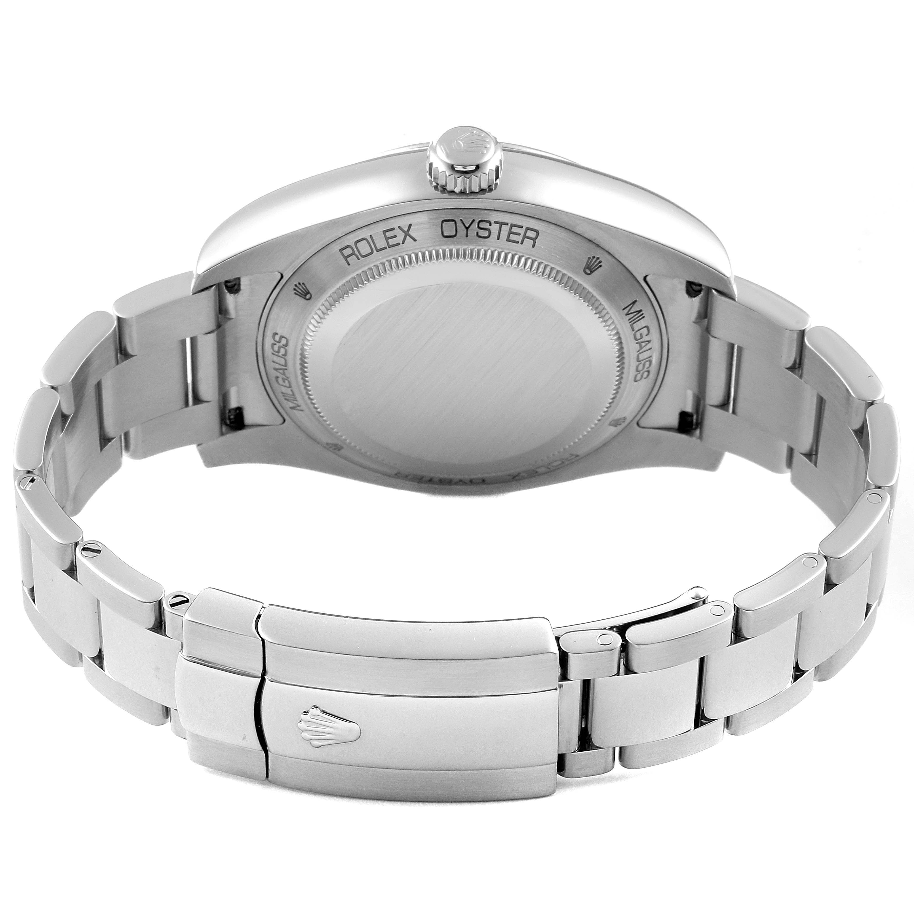 The image shows the back case and bracelet of a Rolex Milgauss 116400GV Men
s Stainless Steel Blue Dial 116400GV Men
s Stainless Steel Blue Dial watch from a rear angle.