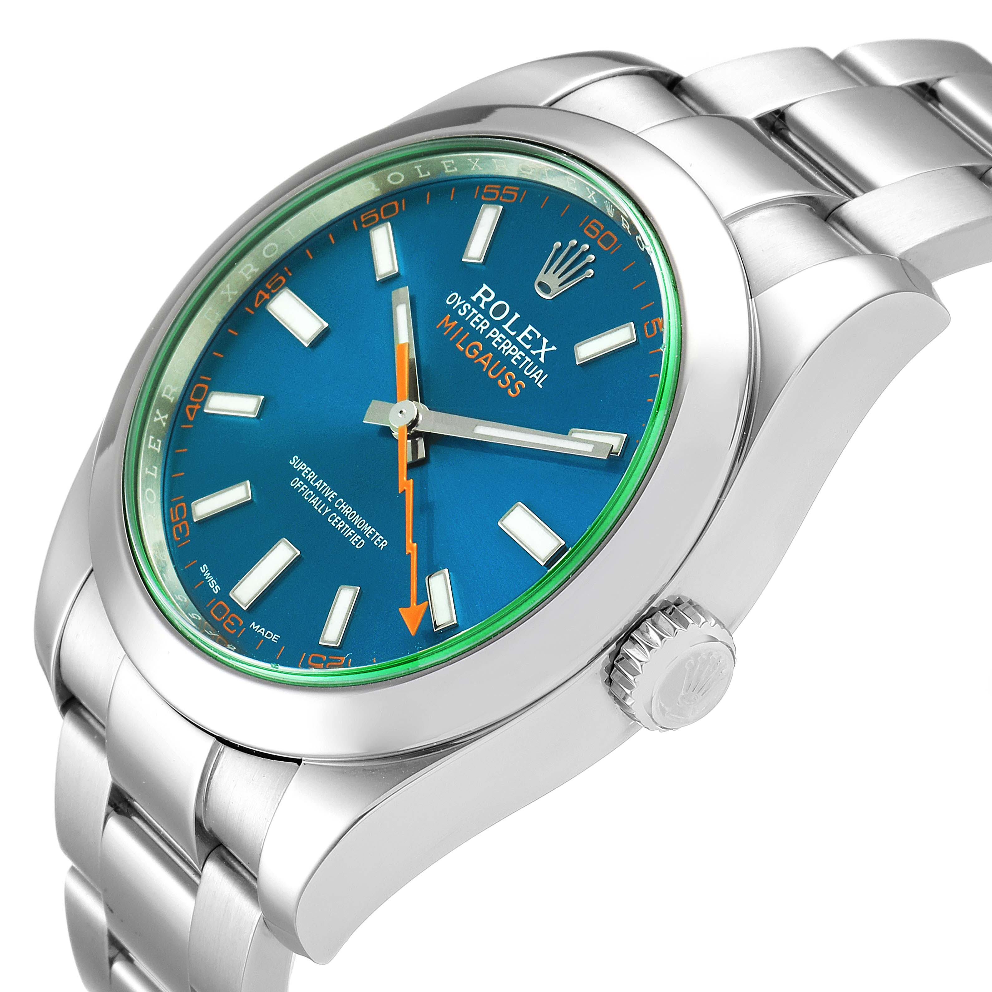 The image shows a Rolex Milgauss 116400GV Men
s Stainless Steel Blue Dial 116400GV Men
s Stainless Steel Blue Dial watch at an angle highlighting the face, case, bracelet, and crown.