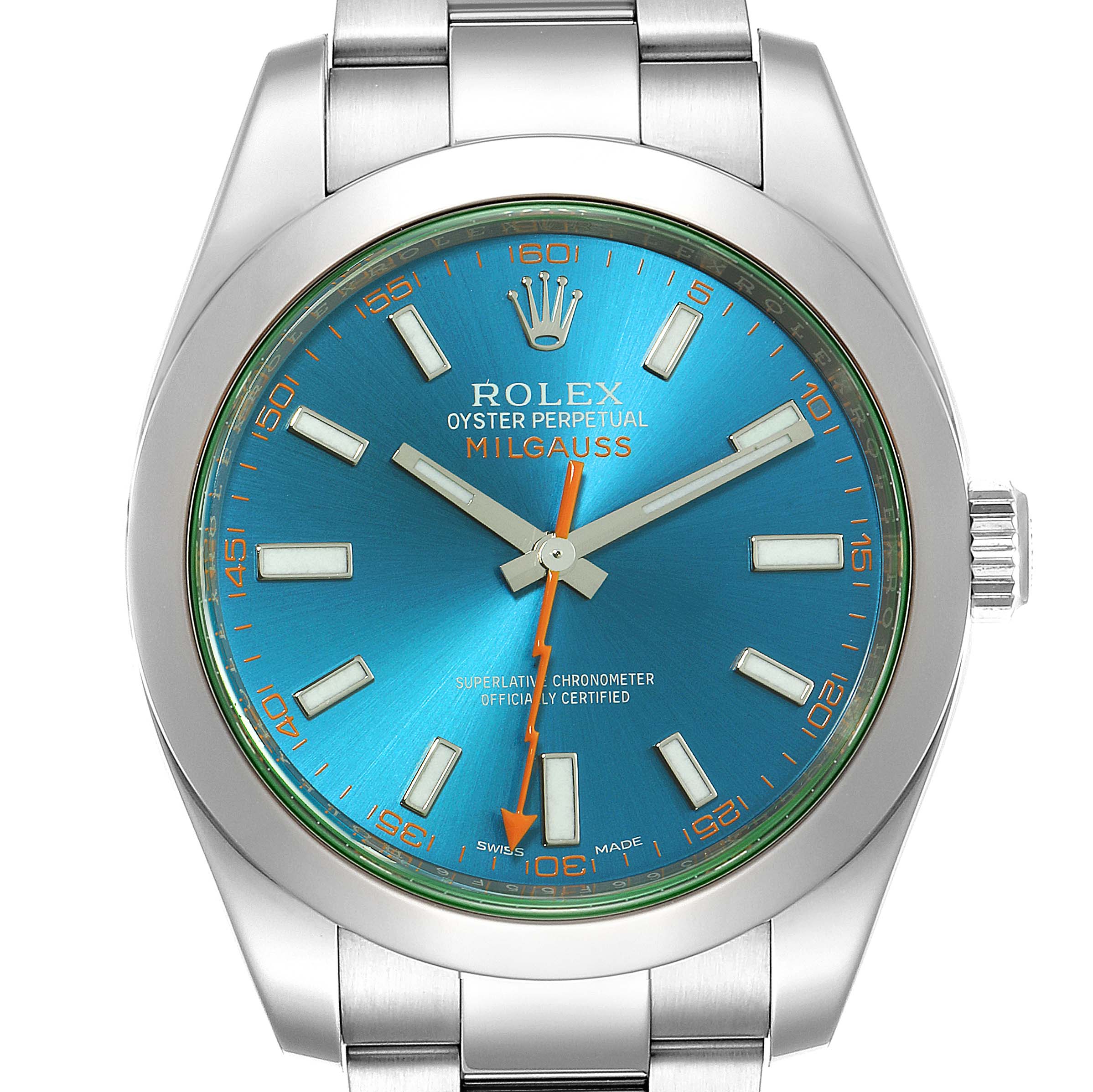 This is a frontal view of a Rolex Milgauss 116400GV Men
s Stainless Steel Blue Dial 116400GV Men
s Stainless Steel Blue Dial watch showing the dial, markers, hands, and part of the bracelet.