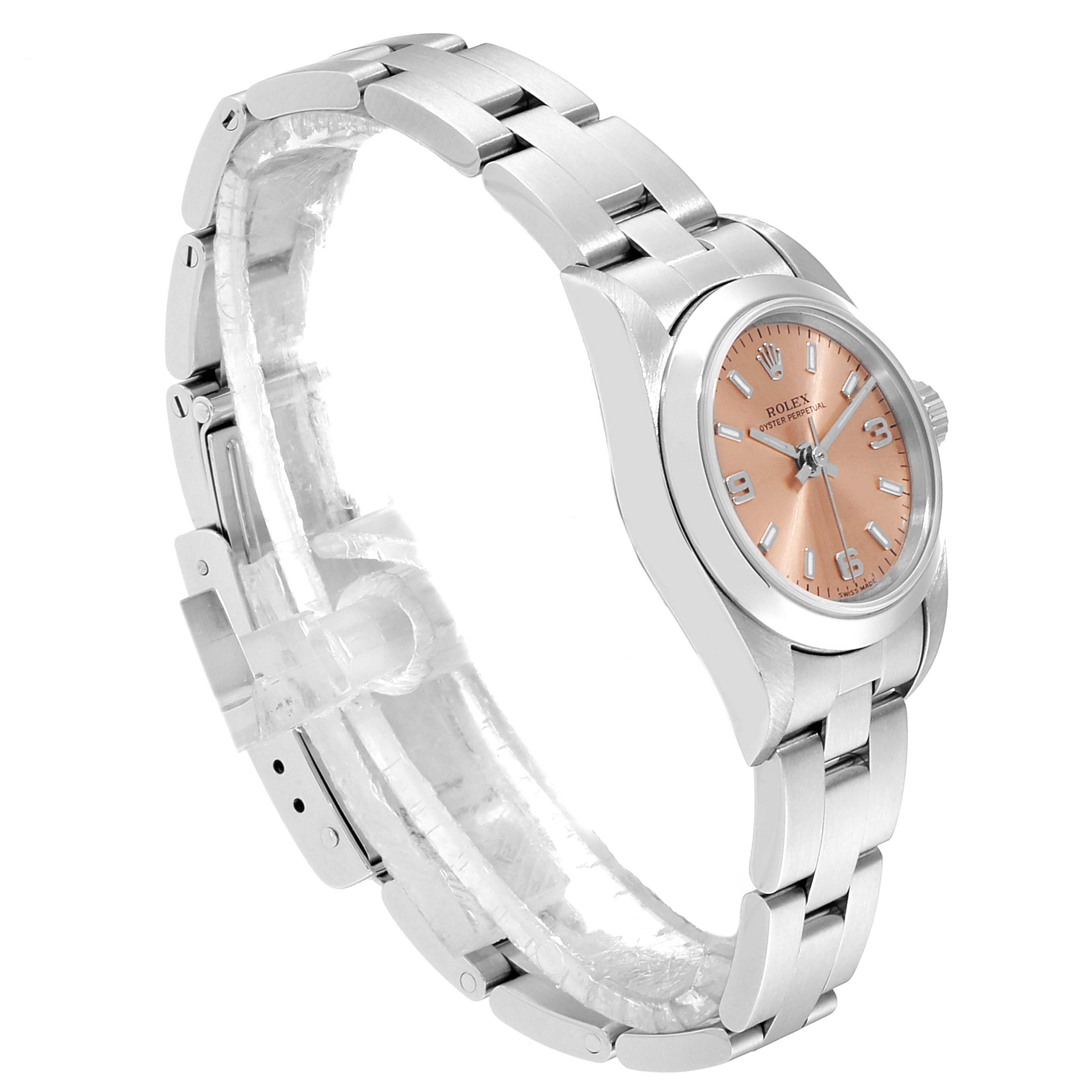 This image shows a side view of the Rolex Oyster Perpetual 76080  Women's Stainless Steel Pink Dial 76080  Women's Stainless Steel Pink Dial watch, featuring its dial face, crown, case, and metal bracelet.