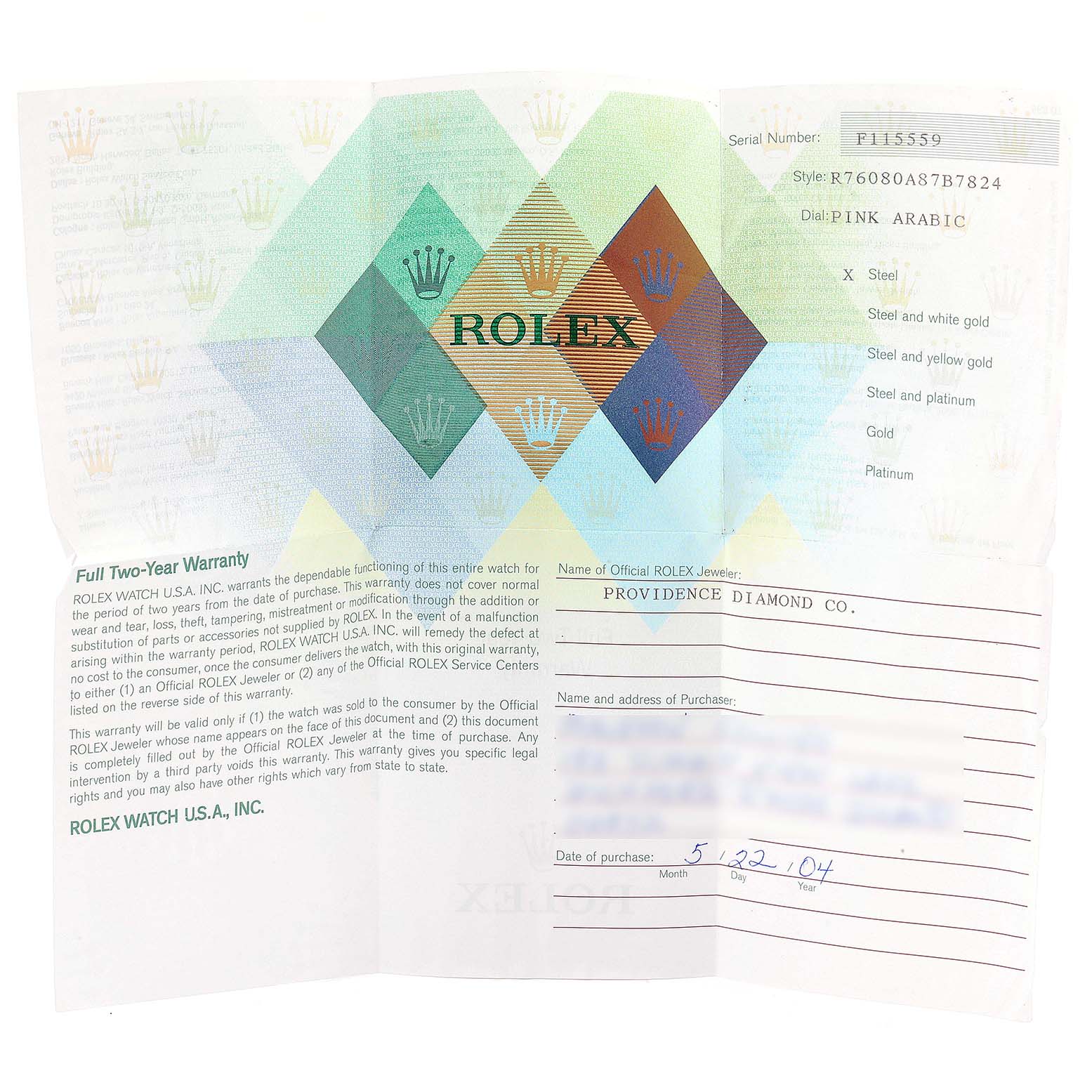 This image shows the warranty card and certificate for a Rolex Oyster Perpetual 76080  Women's Stainless Steel Pink Dial 76080  Women's Stainless Steel Pink Dial watch.