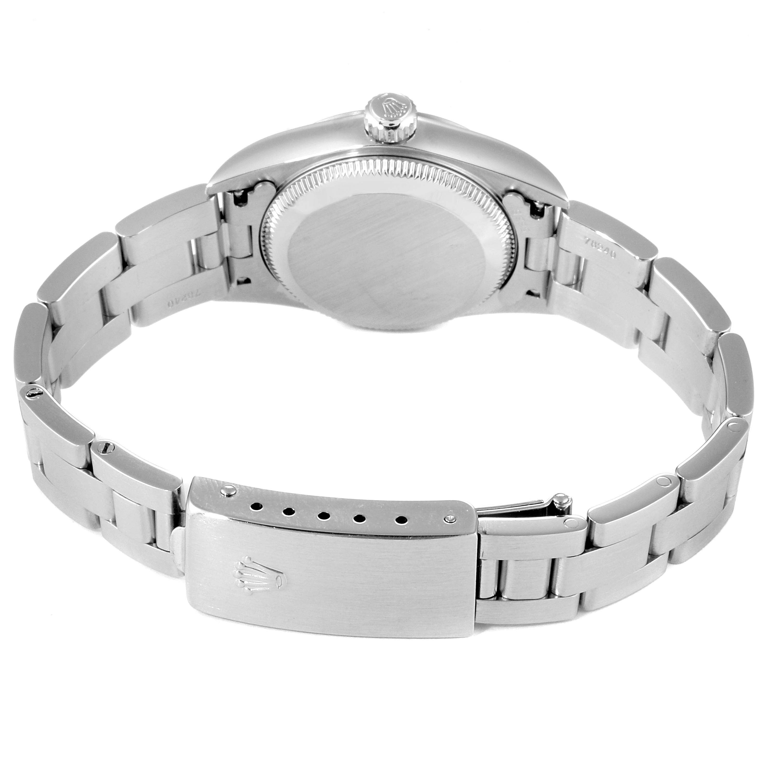 The image shows the back view of a Rolex Oyster Perpetual 76080  Women's Stainless Steel Pink Dial 76080  Women's Stainless Steel Pink Dial watch, highlighting the bracelet, clasp, case back, and crown.