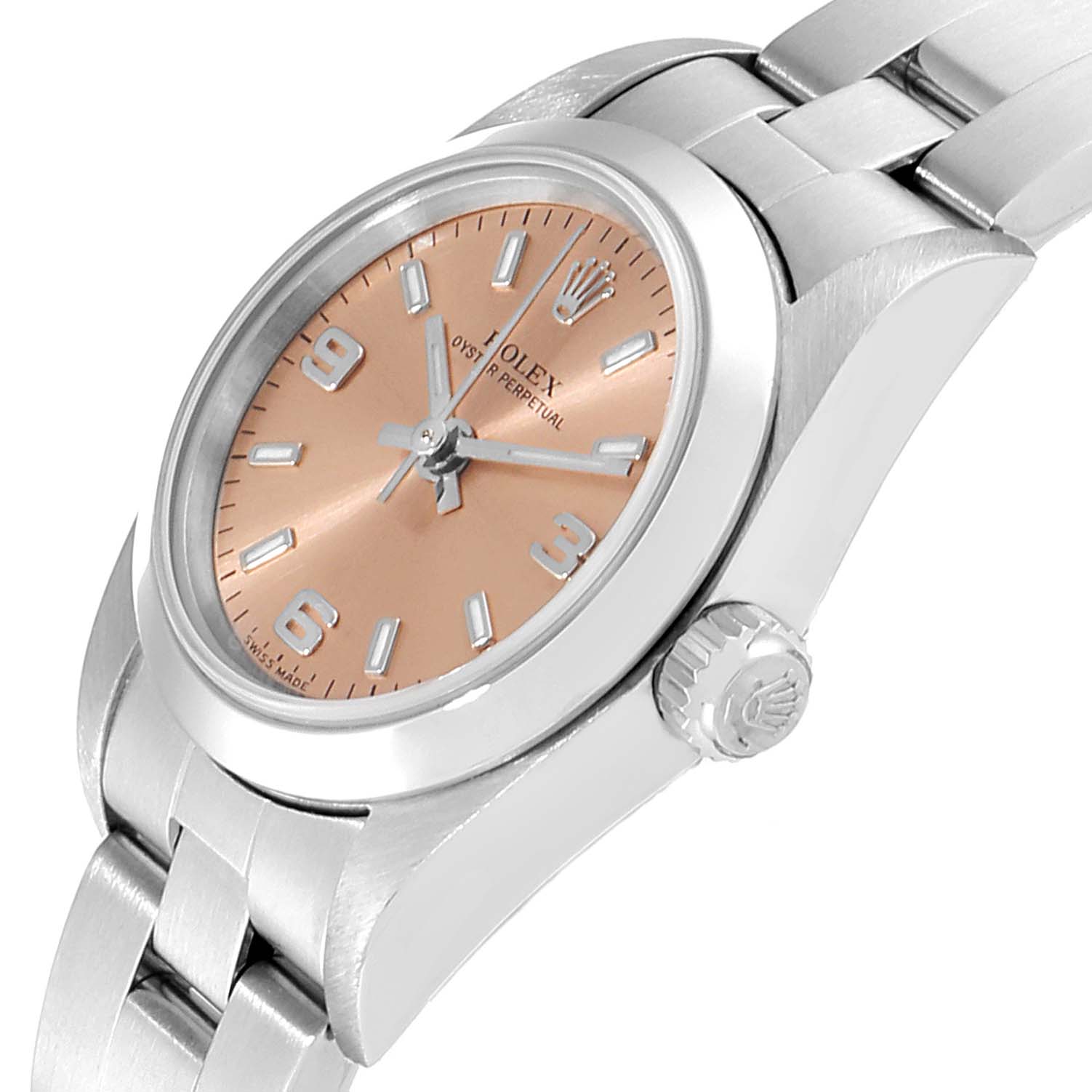 The image shows a side angle of a Rolex Oyster Perpetual 76080  Women's Stainless Steel Pink Dial 76080  Women's Stainless Steel Pink Dial watch, highlighting the dial, crown, and bracelet.