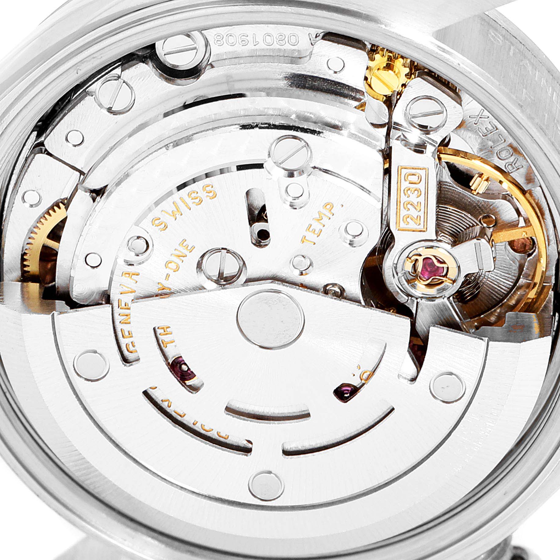 The image shows a close-up of the movement mechanism inside a Rolex Oyster Perpetual 76080  Women's Stainless Steel Pink Dial 76080  Women's Stainless Steel Pink Dial watch.