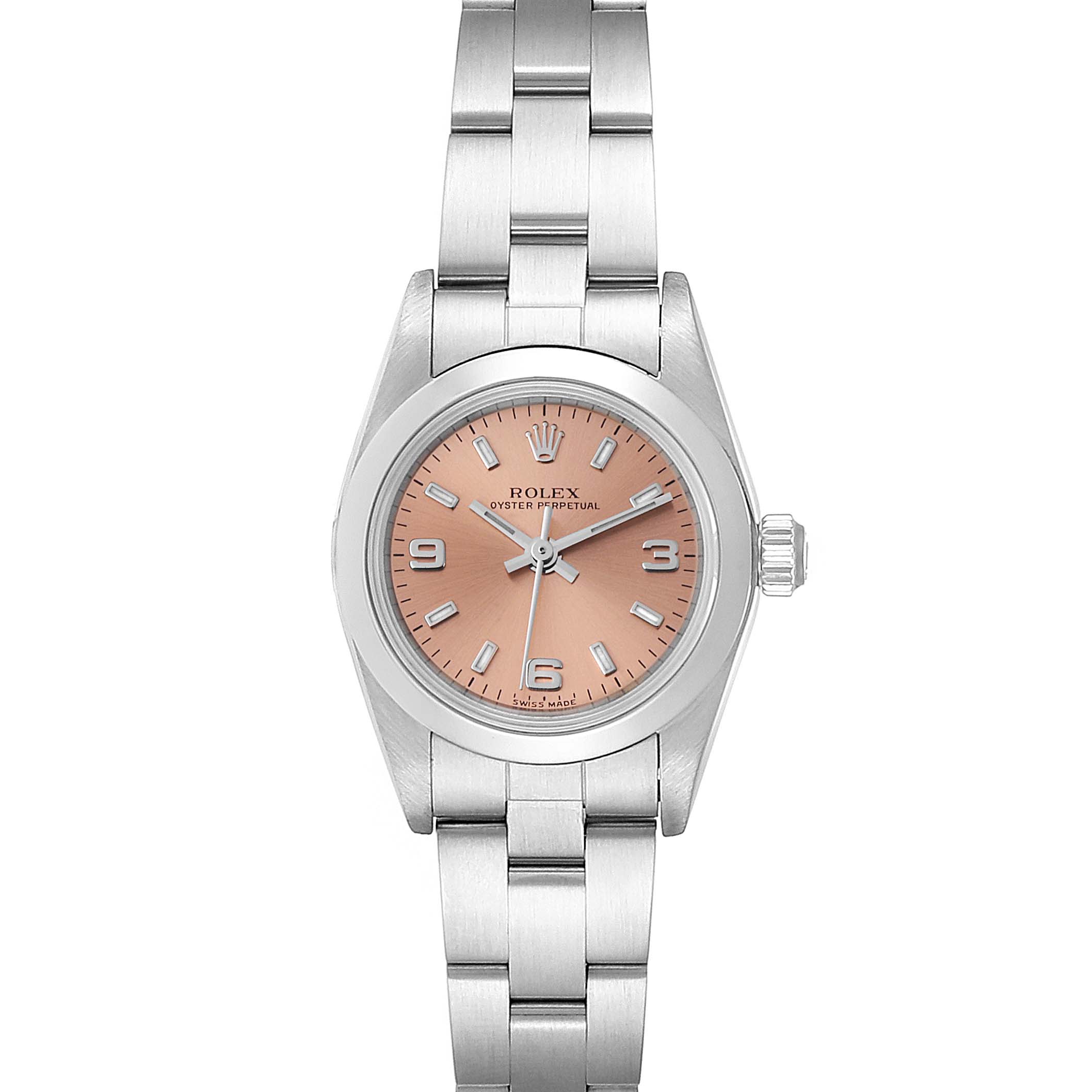 The image shows a frontal view of a Rolex Oyster Perpetual 76080  Women's Stainless Steel Pink Dial 76080  Women's Stainless Steel Pink Dial watch, displaying its dial, hour markers, and bracelet.