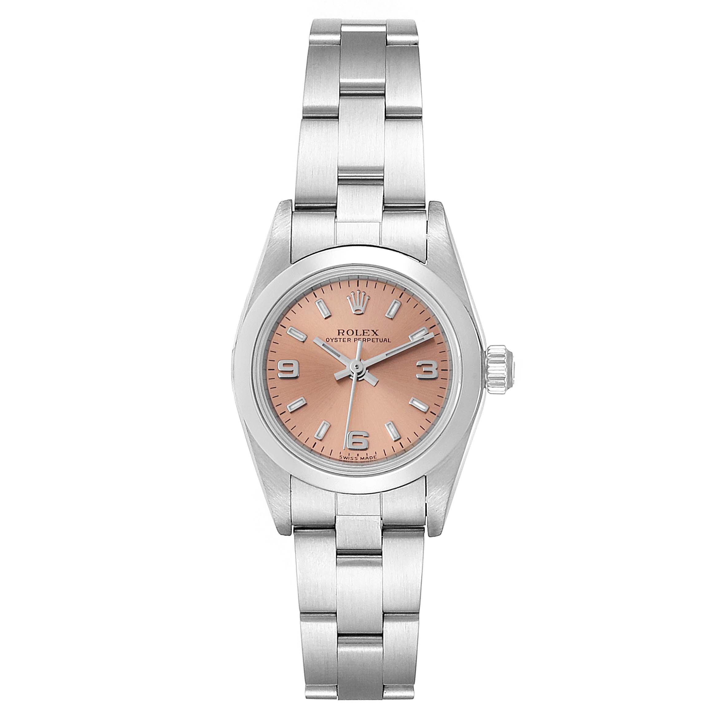 The image shows a front view of a Rolex Oyster Perpetual 76080  Women's Stainless Steel Pink Dial 76080  Women's Stainless Steel Pink Dial watch, displaying the dial, case, and stainless steel bracelet.