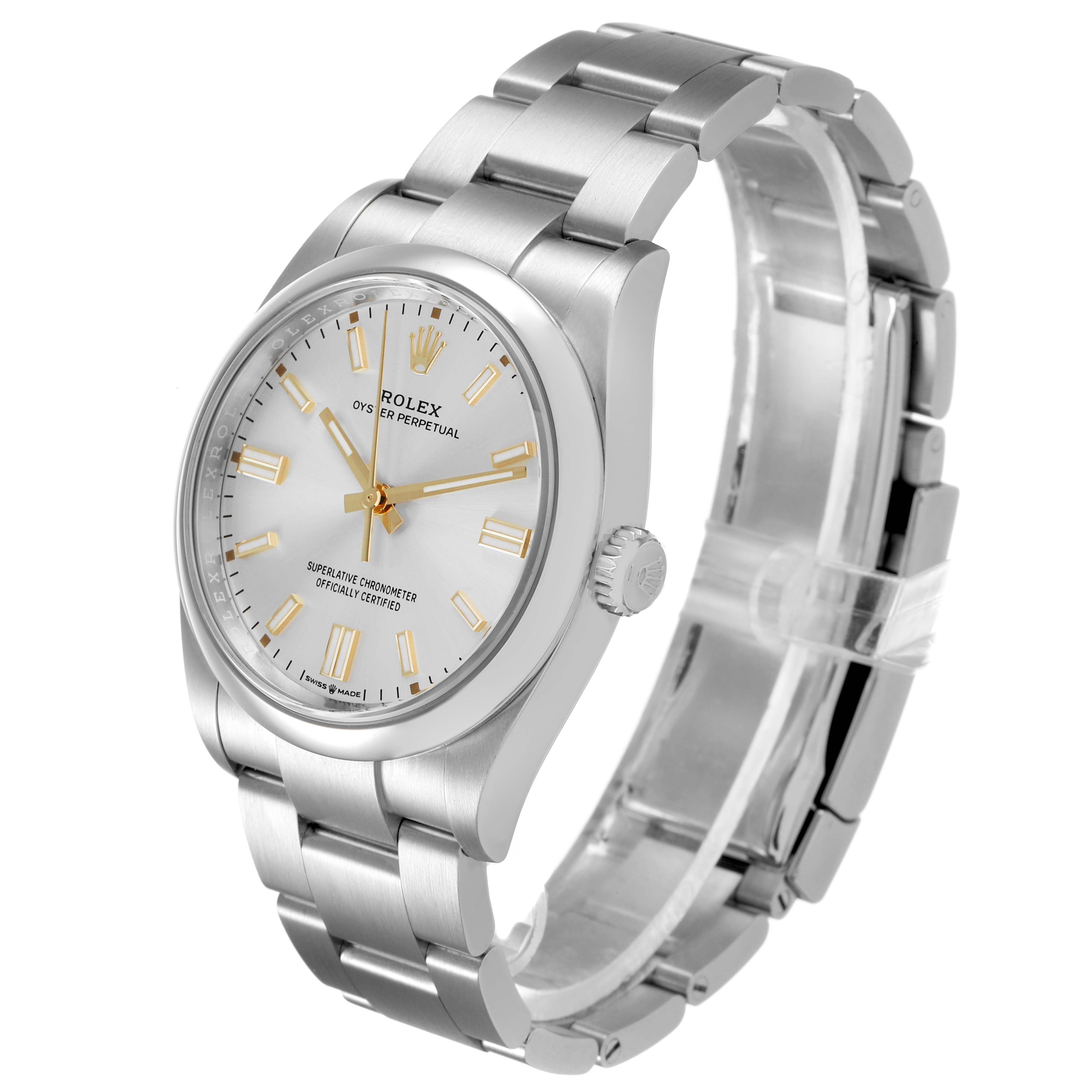 The Rolex Oyster Perpetual 126000 Men's Stainless Steel Silver Dial watch is shown at a slight angle, highlighting its face, crown, and bracelet.