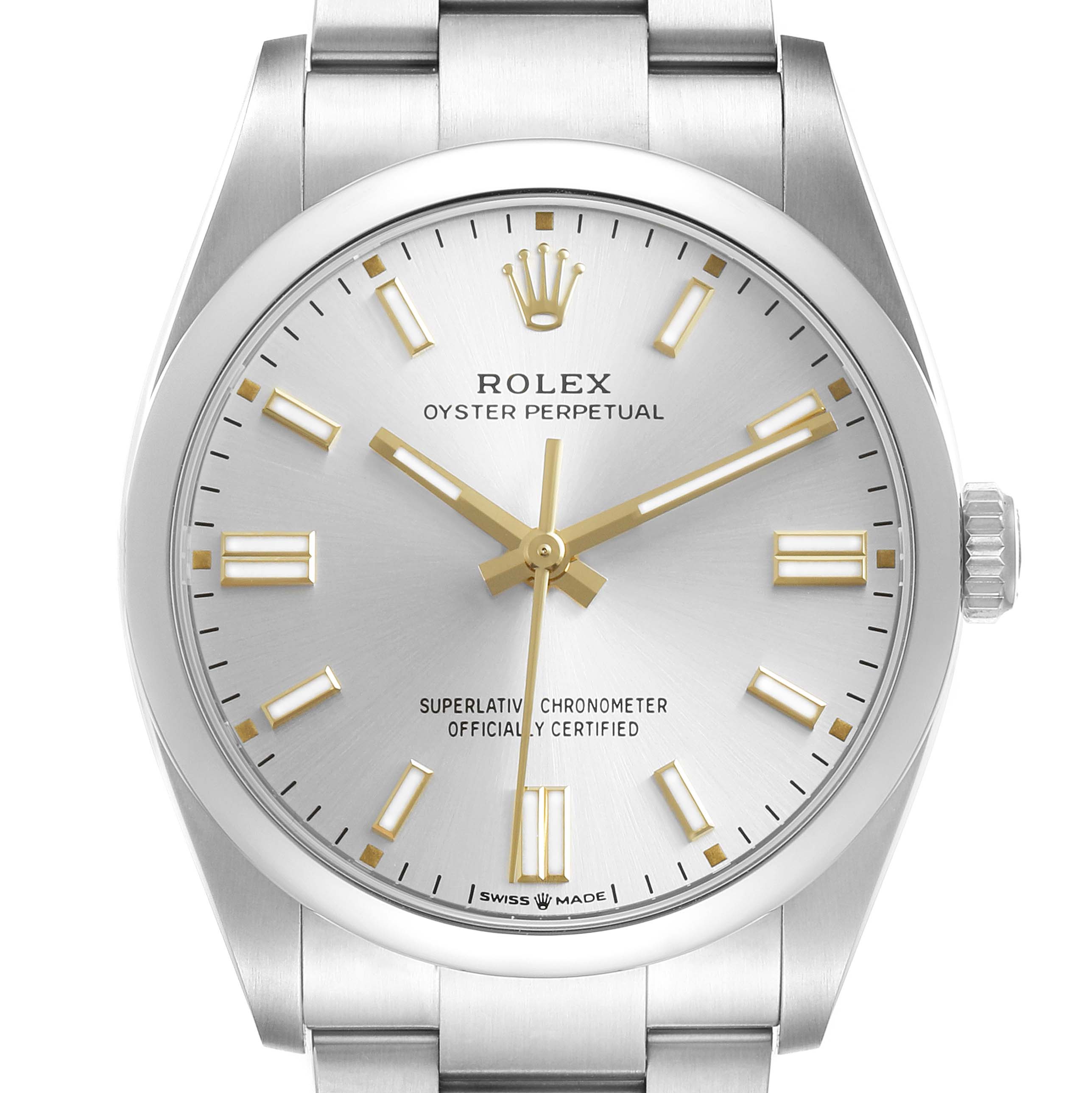 The Rolex Oyster Perpetual 126000 Men's Stainless Steel Silver Dial watch is shown from a front angle, displaying its dial, hands, markers, crown, and part of the bracelet.