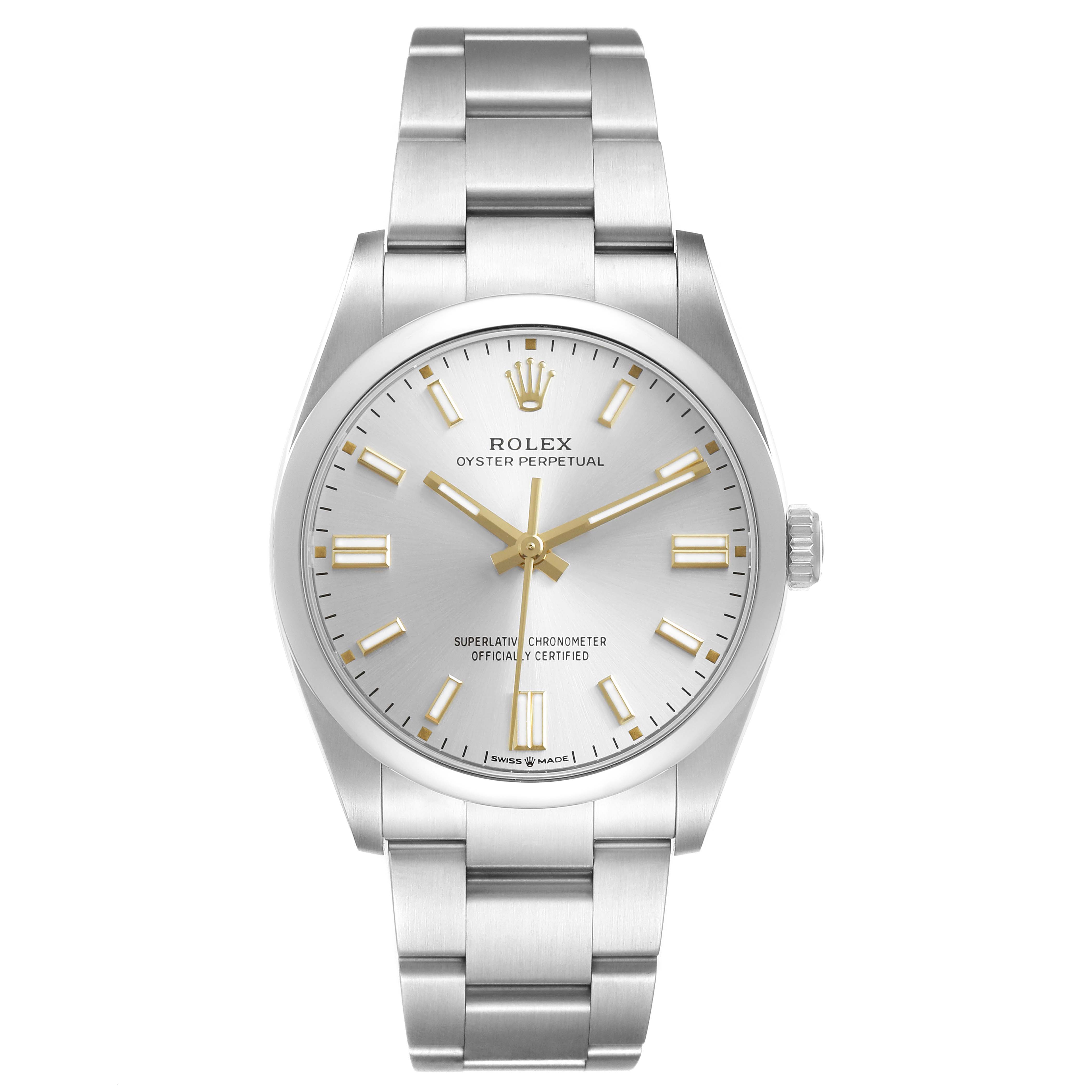 The Rolex Oyster Perpetual 126000 Men's Stainless Steel Silver Dial watch is shown from the front, displaying its face, bracelet, and crown.