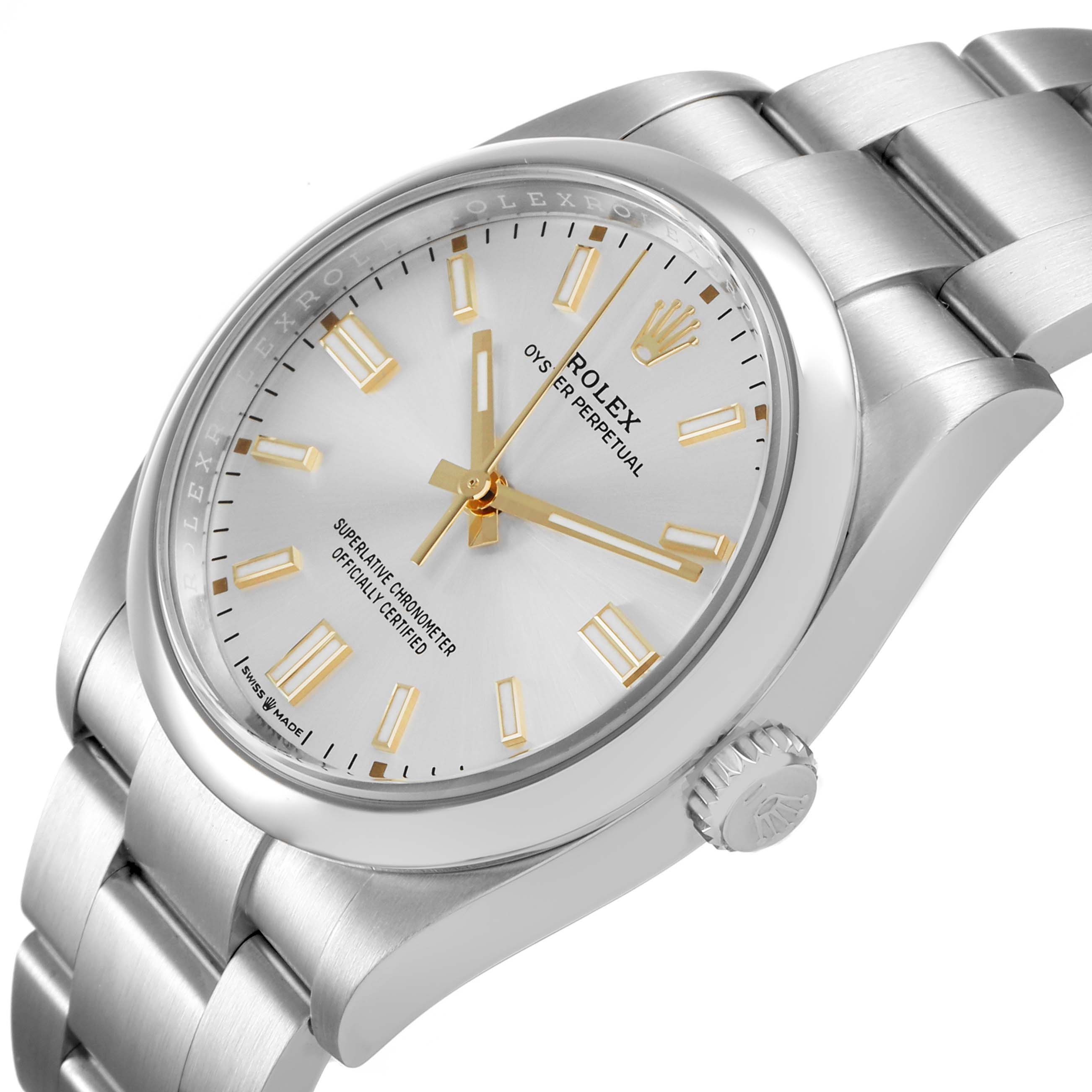 The Rolex Oyster Perpetual 126000 Men's Stainless Steel Silver Dial watch is shown at an angled view, highlighting the dial, bezel, crown, and part of the bracelet.