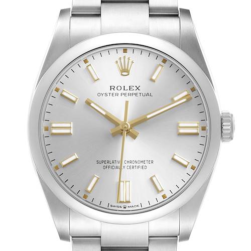 The Rolex Oyster Perpetual 126000 Men's Stainless Steel Silver Dial watch is shown from a front angle, highlighting the dial, indices, hands, and crown.