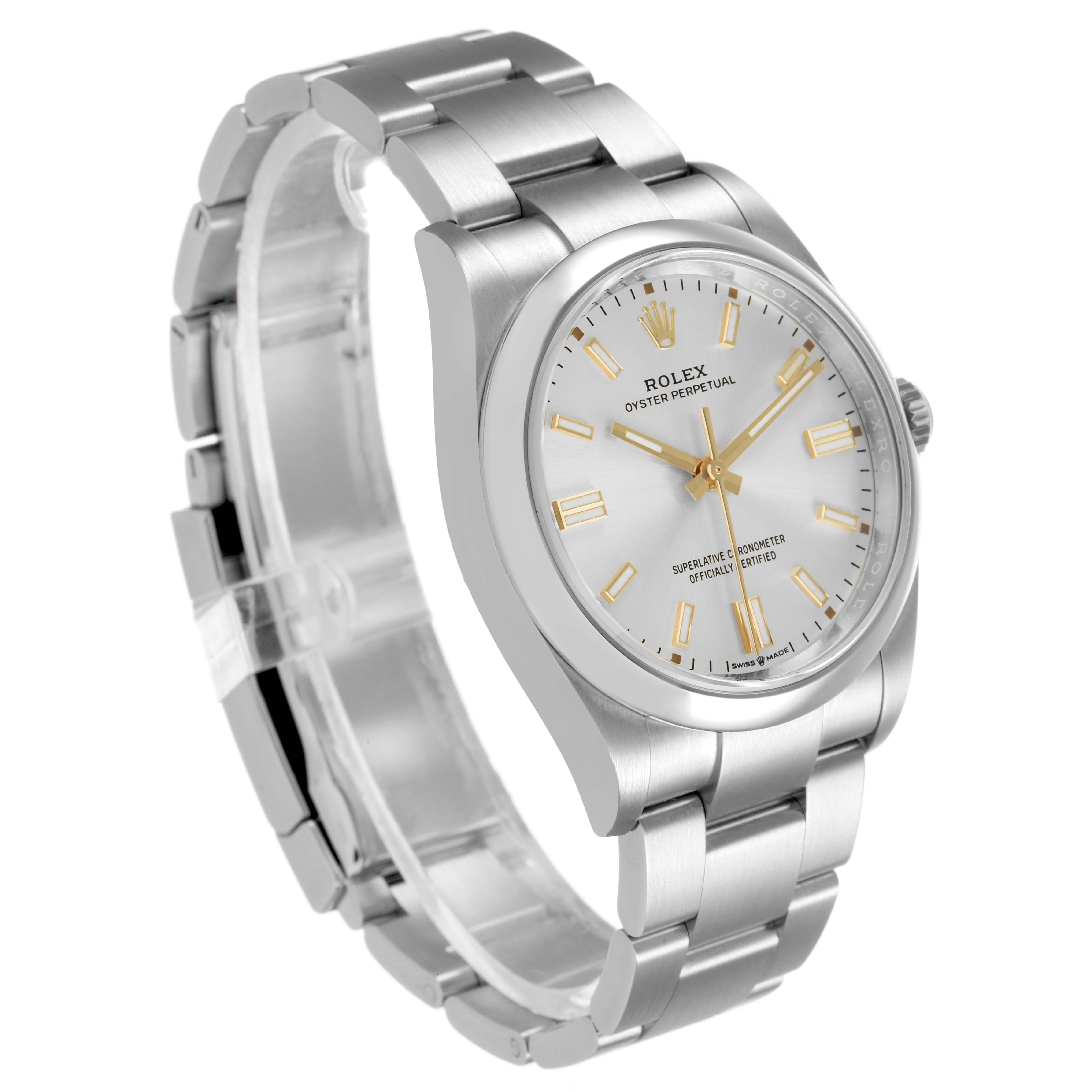 The Rolex Oyster Perpetual 126000 Men's Stainless Steel Silver Dial watch is shown at a three-quarter angle, highlighting its face, bezel, and bracelet.