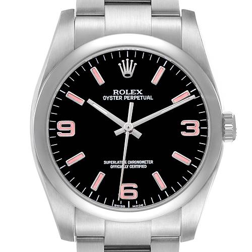 The Rolex Oyster Perpetual 116000 Men's Stainless Steel Black Dial watch is shown from a front angle, highlighting the dial, hands, and crown.
