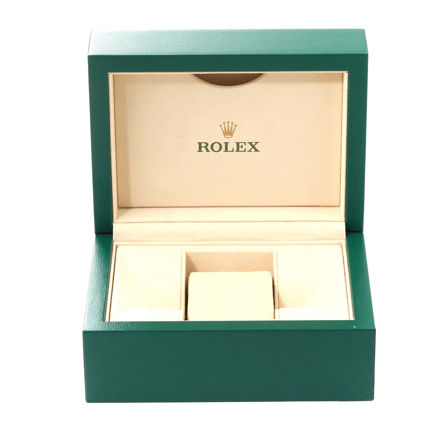 The image shows an empty Rolex Oyster Perpetual 114300 Men's Stainless Steel Grey Dial 114300 Men's Stainless Steel Grey Dial watch box with a green exterior and beige interior.