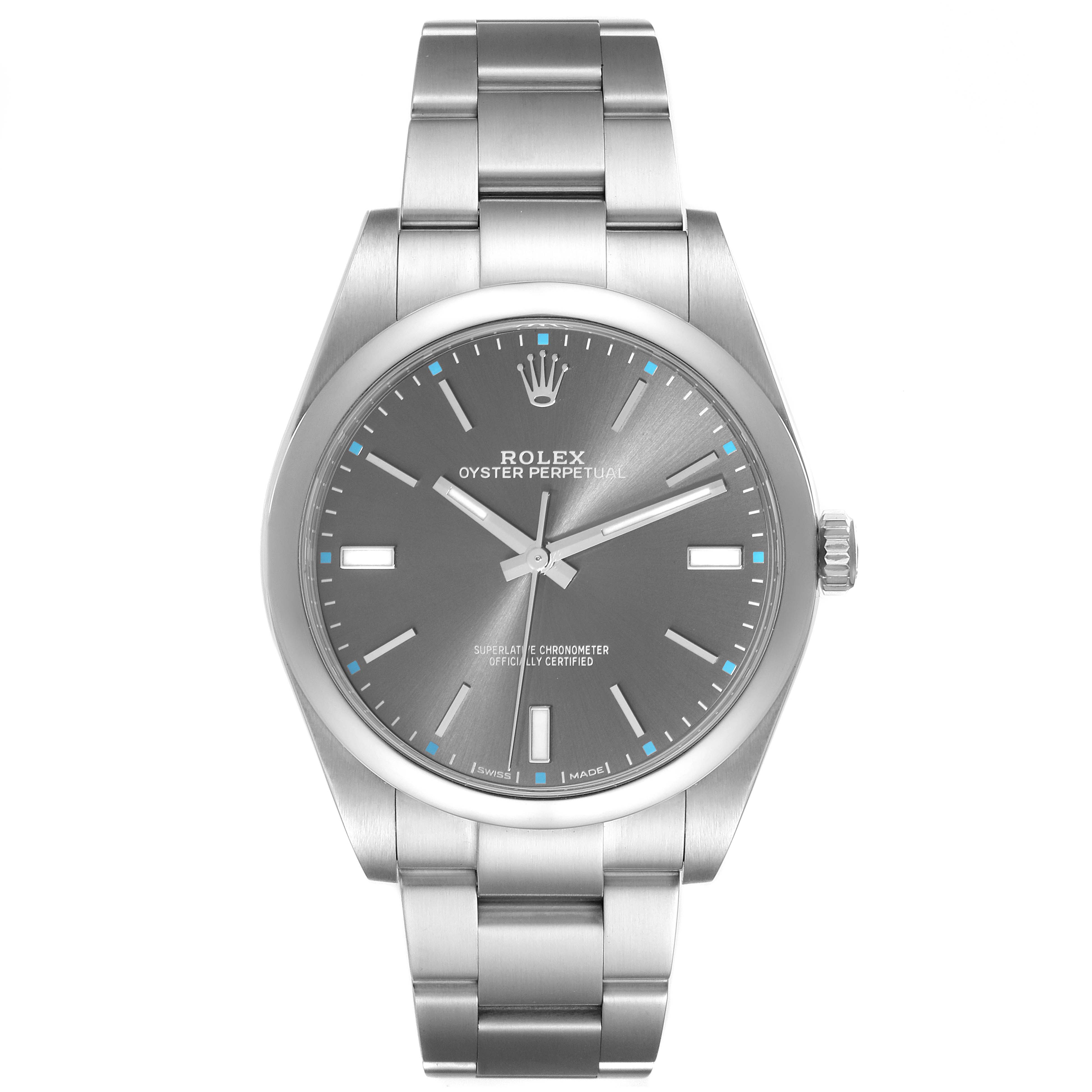This image shows a front view of the Rolex Oyster Perpetual 114300 Men's Stainless Steel Grey Dial 114300 Men's Stainless Steel Grey Dial watch, displaying the face, dial, and part of the bracelet.