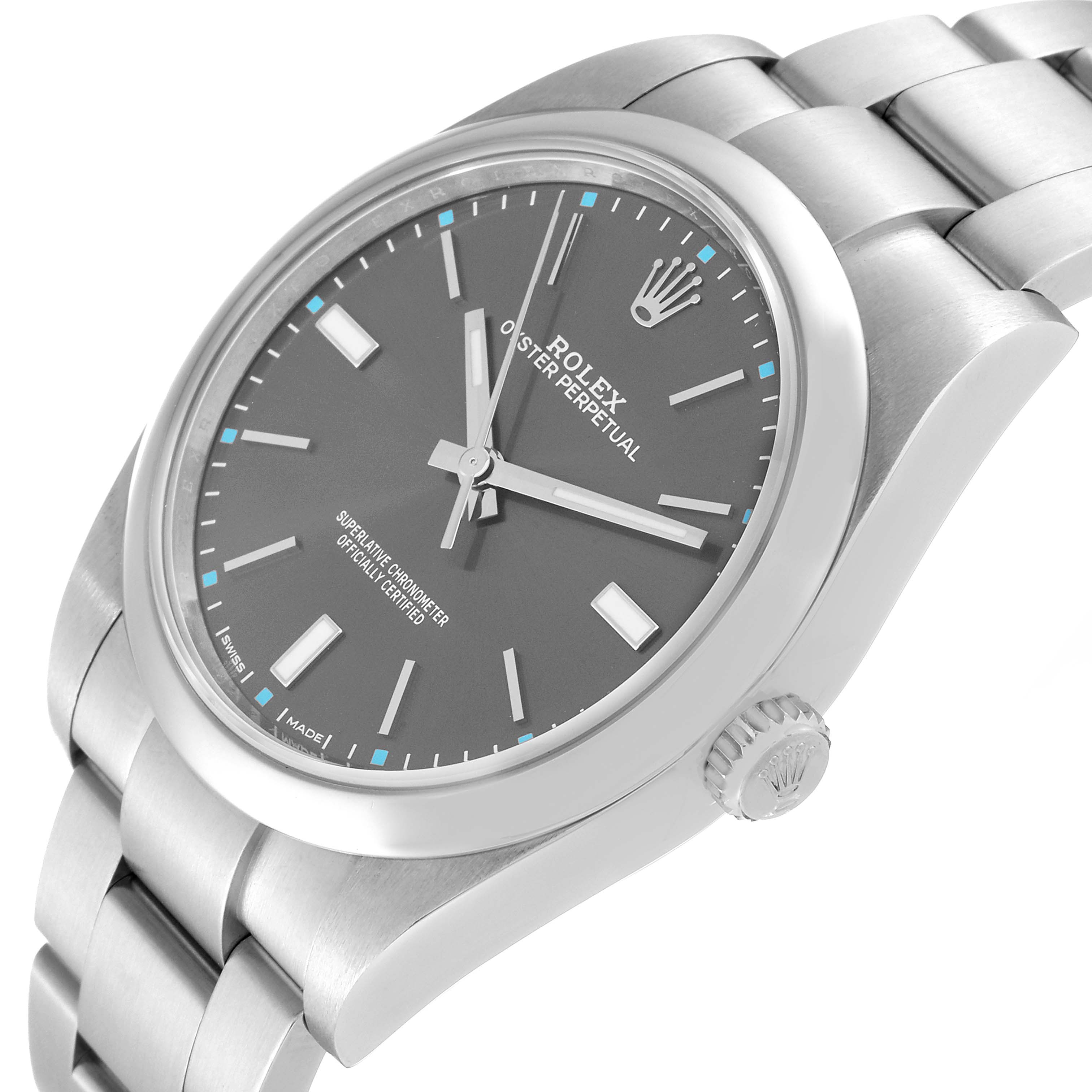 This image shows a Rolex Oyster Perpetual 114300 Men's Stainless Steel Grey Dial 114300 Men's Stainless Steel Grey Dial watch angled slightly to the right, highlighting the face, bezel, crown, and bracelet.