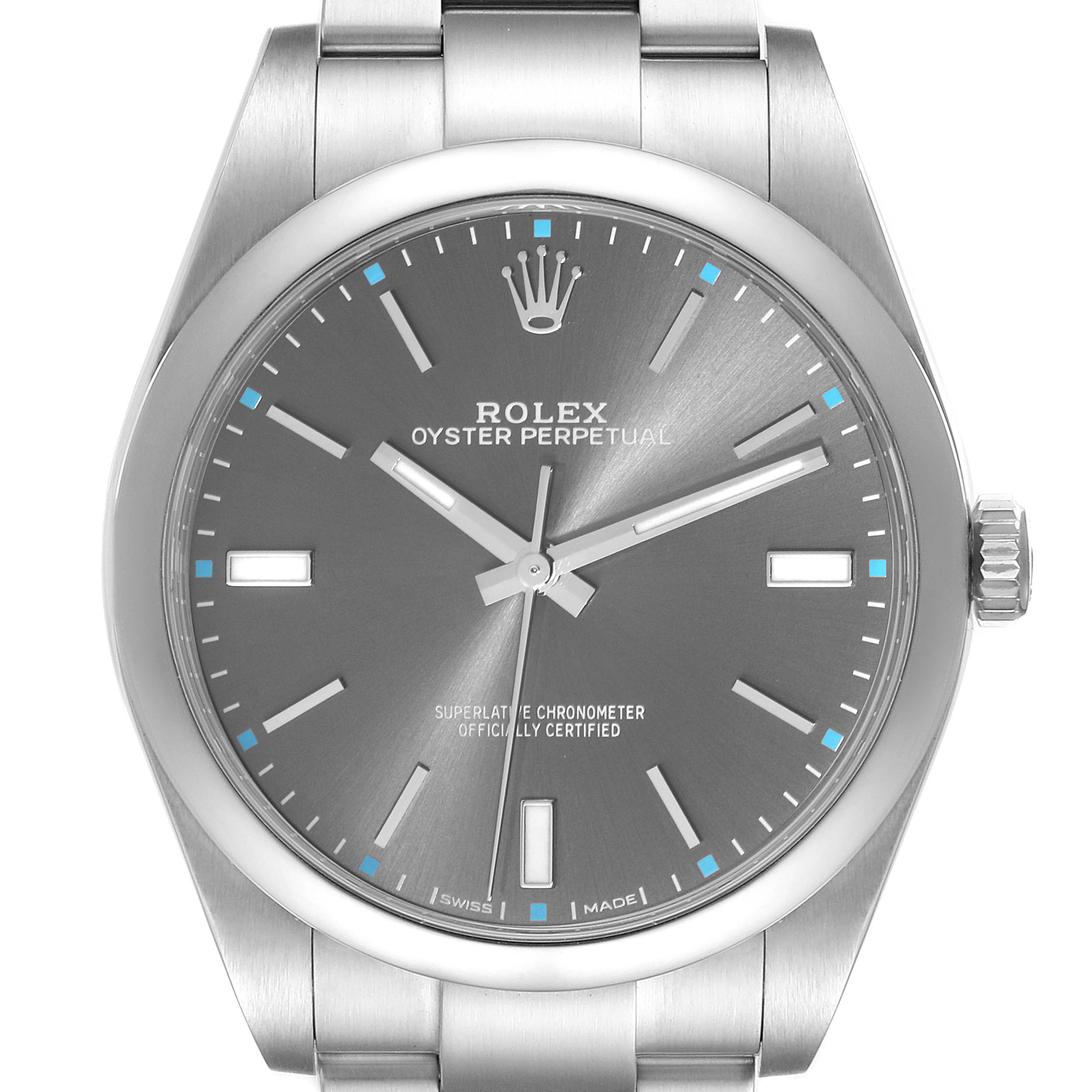 The image shows a front view of the Rolex Oyster Perpetual 114300 Men's Stainless Steel Grey Dial 114300 Men's Stainless Steel Grey Dial watch, highlighting the dial, hour markers, hands, and part of the bracelet.