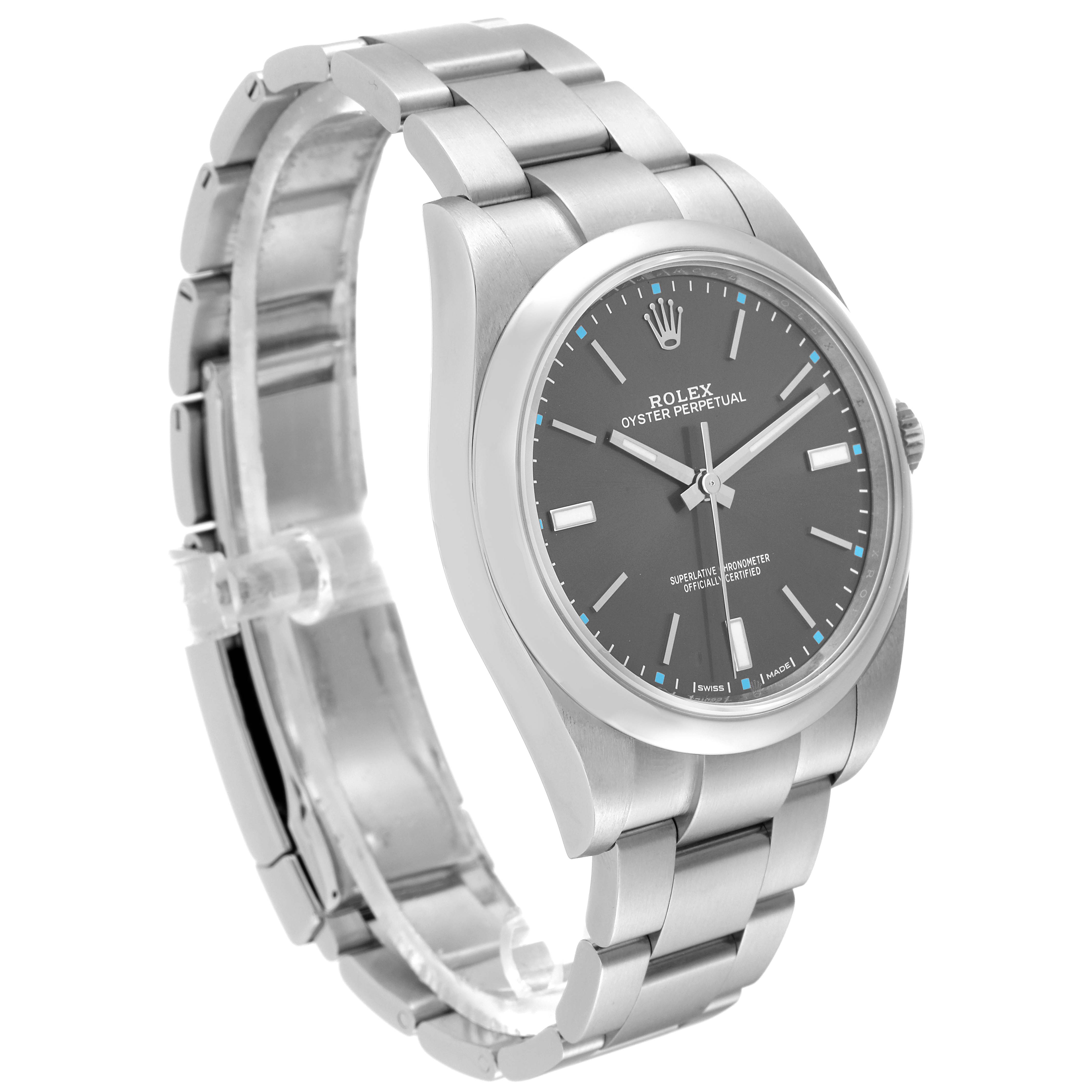 The image shows a side angle of the Rolex Oyster Perpetual 114300 Men's Stainless Steel Grey Dial 114300 Men's Stainless Steel Grey Dial watch, highlighting the dial, bezel, bracelet, and clasp.