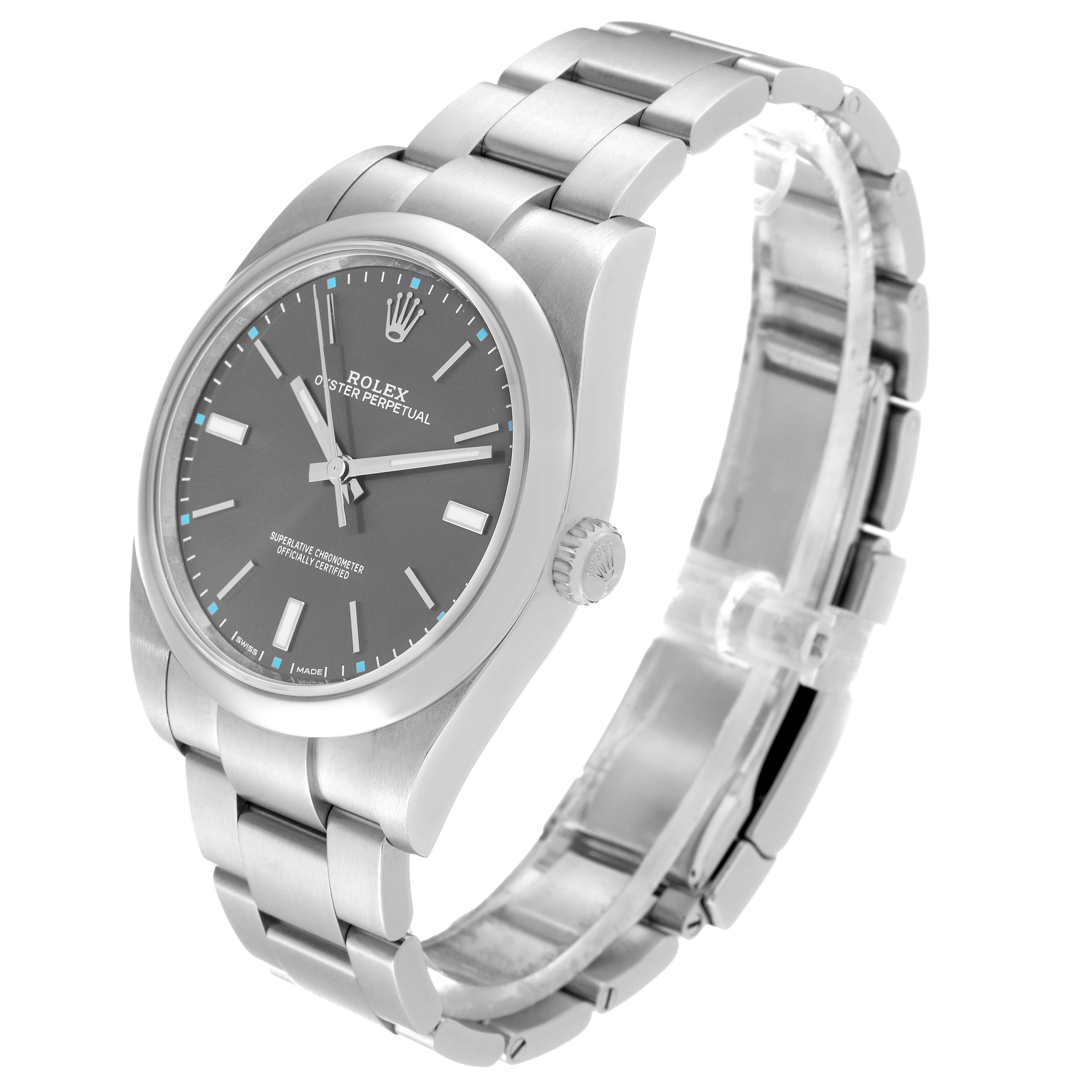 The image shows a Rolex Oyster Perpetual 114300 Men's Stainless Steel Grey Dial 114300 Men's Stainless Steel Grey Dial watch at an oblique angle, displaying the case, crown, and bracelet.