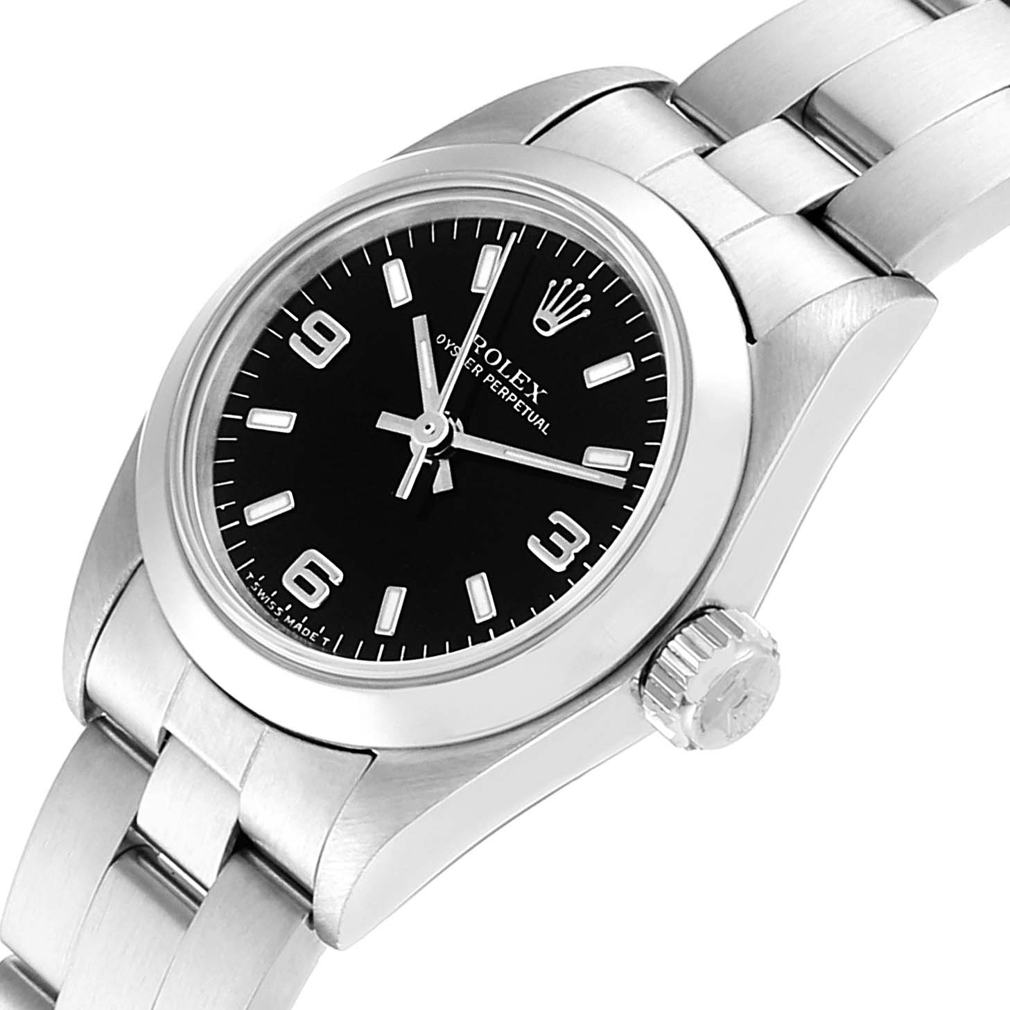 The image shows a side angle of a Rolex Oyster Perpetual 67180 Women
s Stainless Steel Black Dial 67180 Women
s Stainless Steel Black Dial watch, highlighting the black dial, crown, and part of the bracelet.