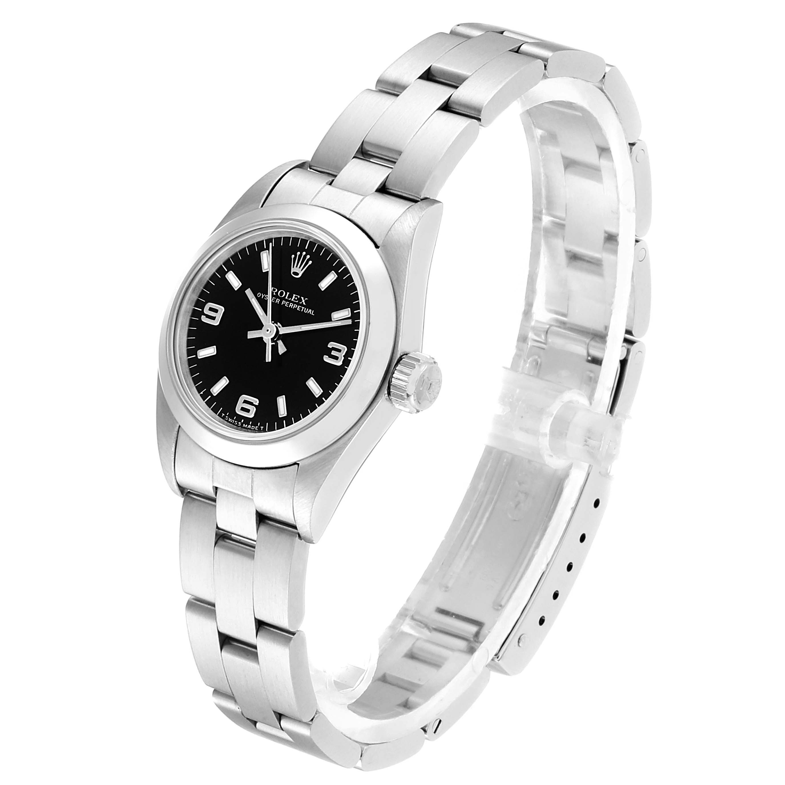 The image shows a side angle of the Rolex Oyster Perpetual 67180 Women
s Stainless Steel Black Dial 67180 Women
s Stainless Steel Black Dial watch, displaying the watch face and metal bracelet.