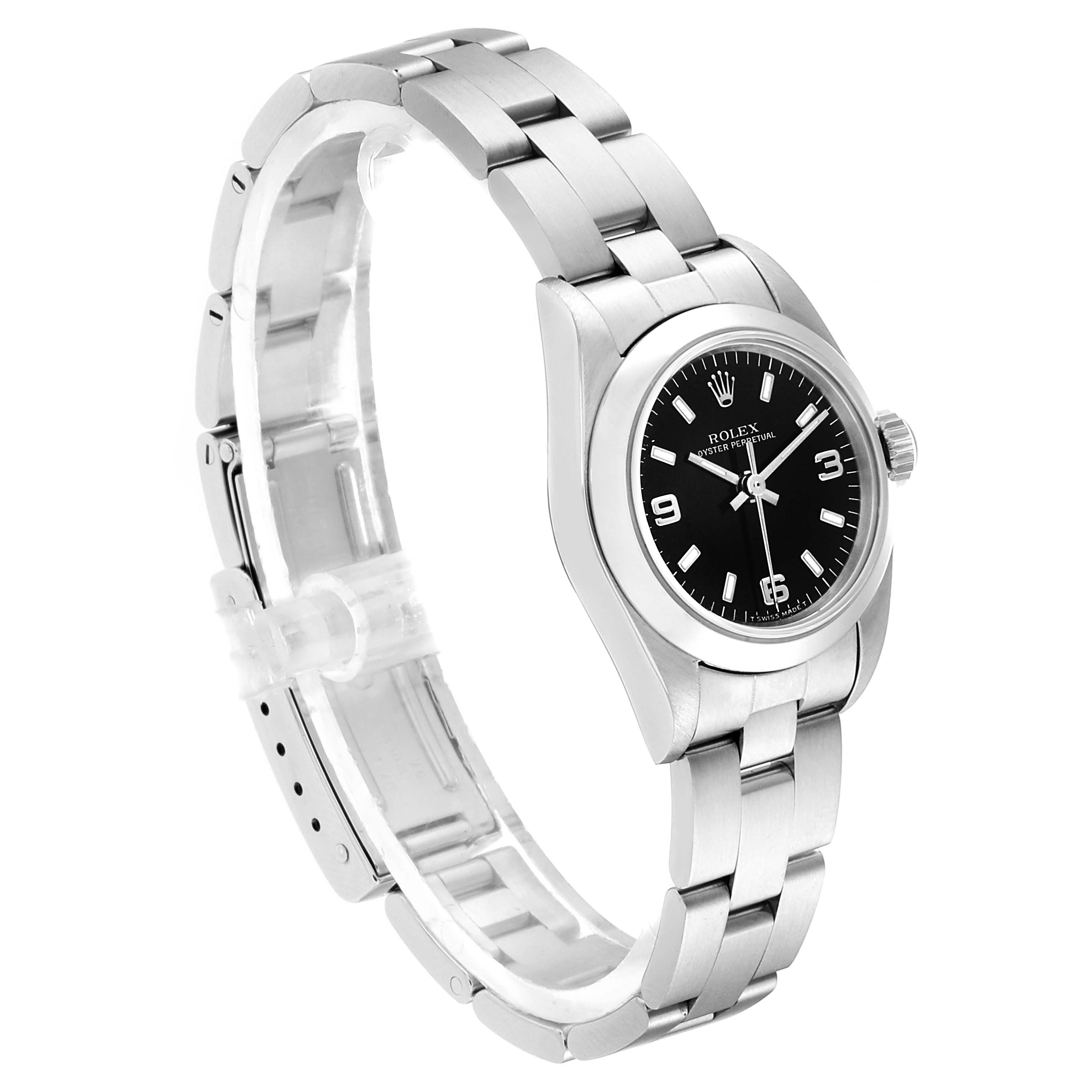 The image shows a side view of a Rolex Oyster Perpetual 67180 Women
s Stainless Steel Black Dial 67180 Women
s Stainless Steel Black Dial watch, highlighting the stainless steel bracelet, case, and black dial.