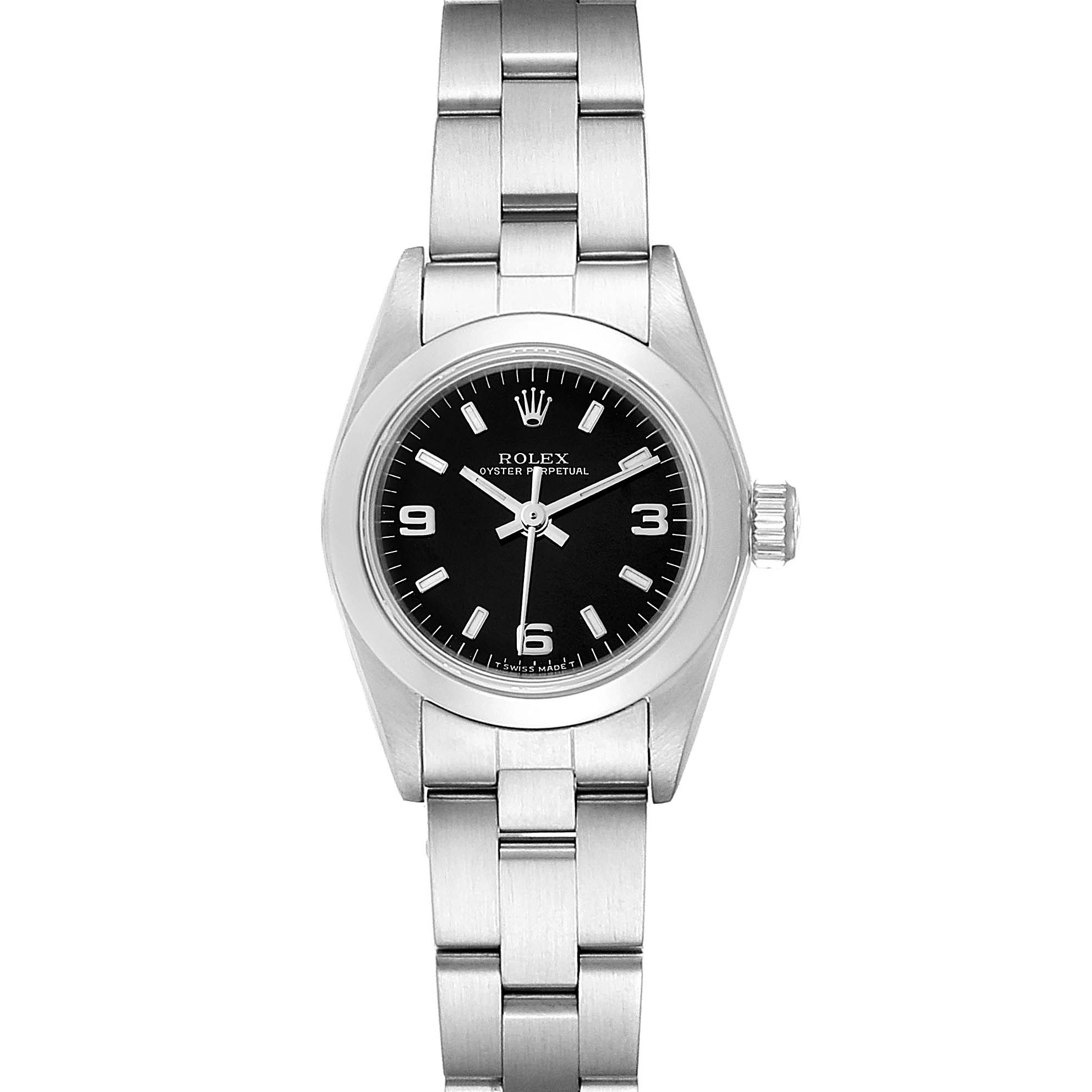 The image shows a Rolex Oyster Perpetual 67180 Women
s Stainless Steel Black Dial 67180 Women
s Stainless Steel Black Dial watch in a front-facing view displaying the dial, bezel, case, bracelet, and crown.