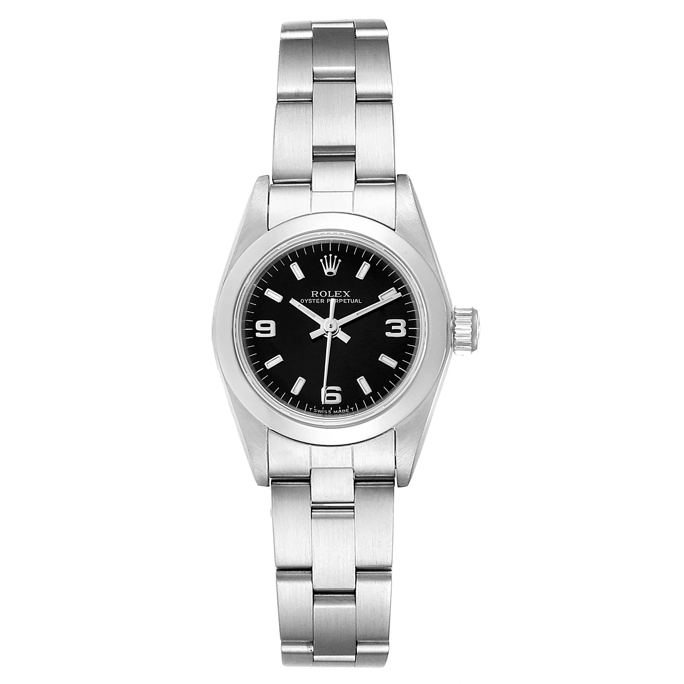 This image shows a front view of a Rolex Oyster Perpetual 67180 Women
s Stainless Steel Black Dial 67180 Women
s Stainless Steel Black Dial watch, displaying its black dial, silver hour markers, and metal bracelet.