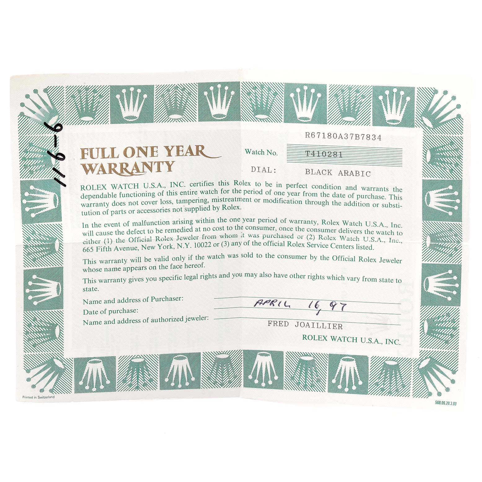 The image shows the warranty card for a Rolex Oyster Perpetual 67180 Women
s Stainless Steel Black Dial 67180 Women
s Stainless Steel Black Dial watch, indicating a one-year warranty and details about the model and dial.