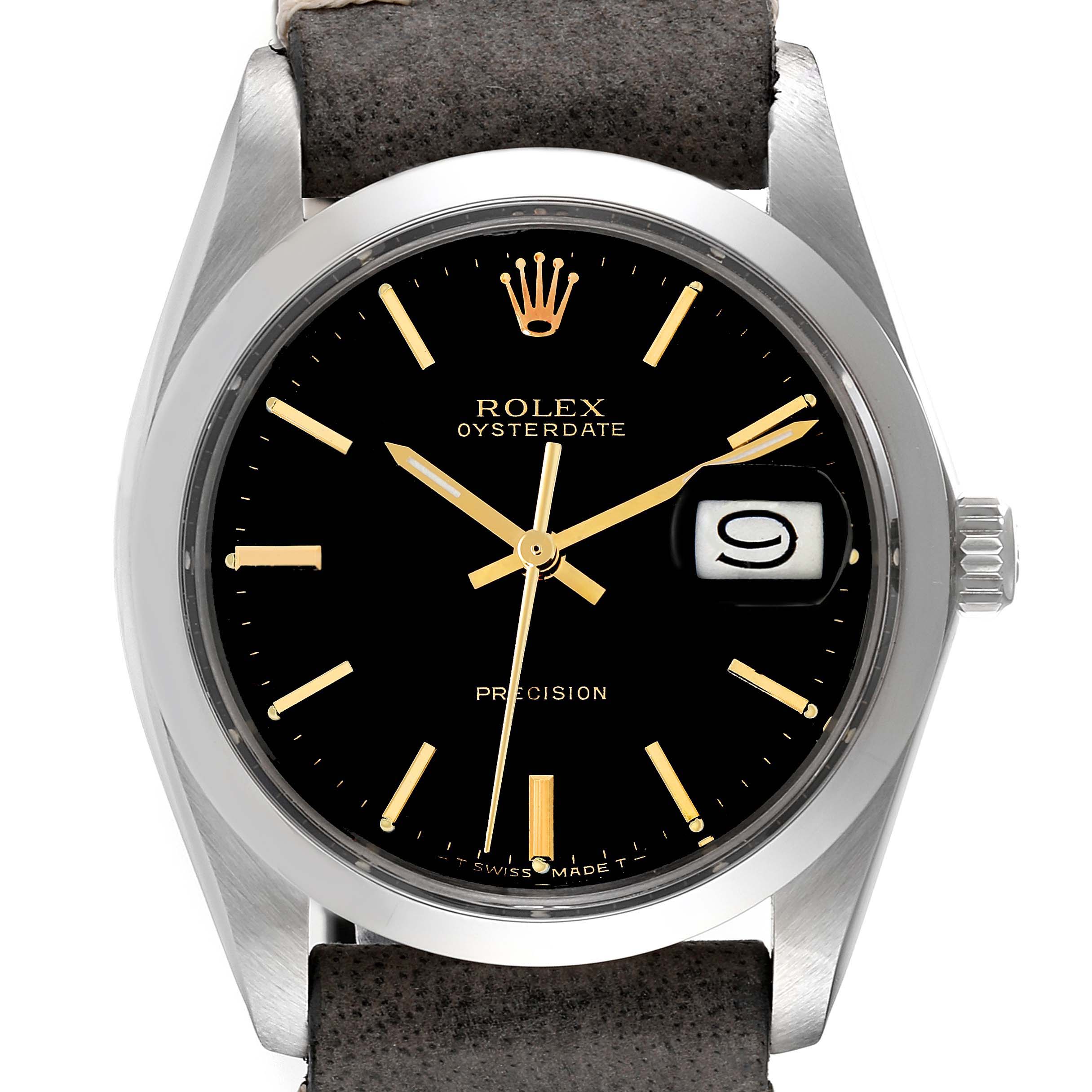 The image shows a front view of the Rolex Oysterdate Precision watch face with a date window and leather strap.