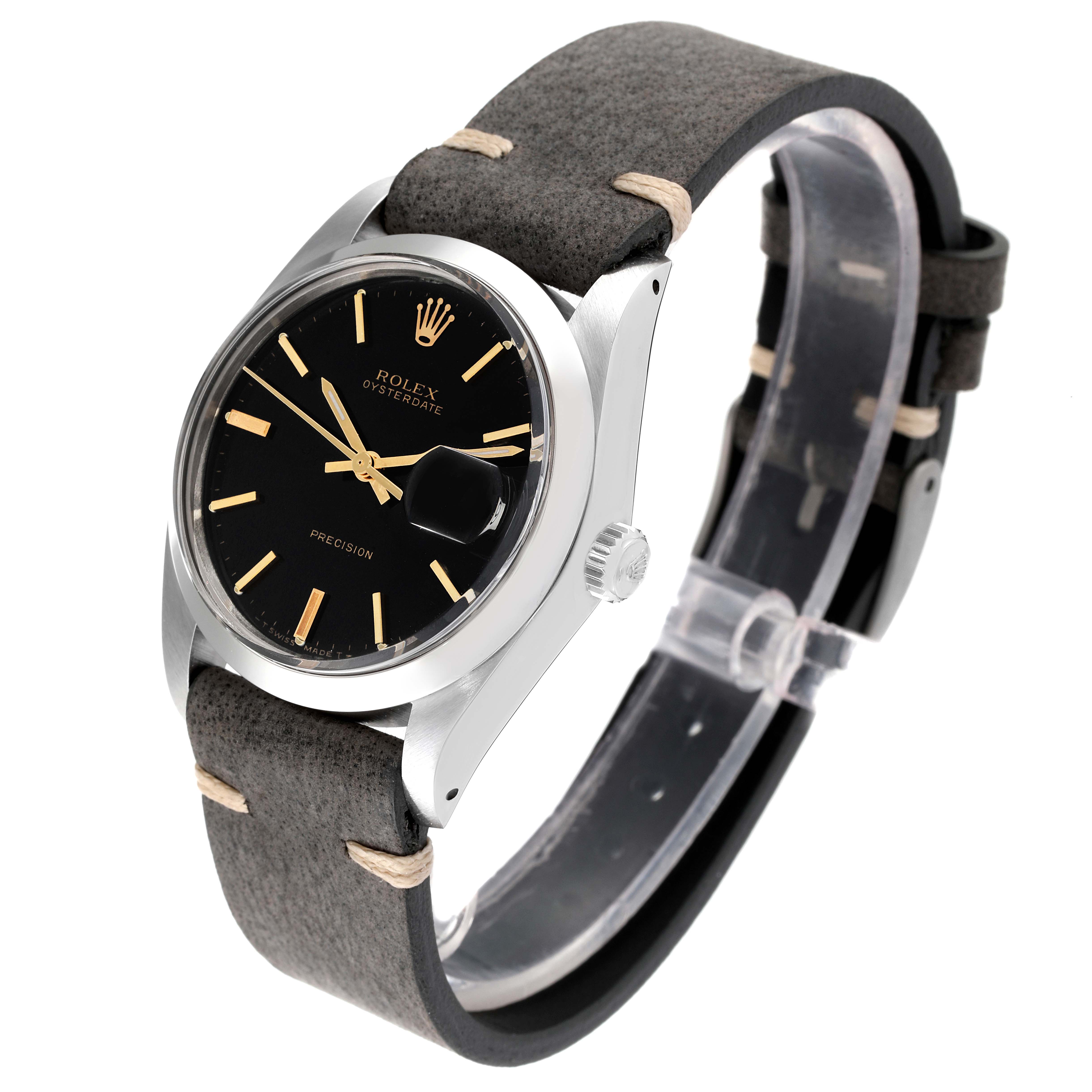 The image shows a Rolex Oysterdate Precision watch at a three-quarters angle, highlighting the face, crown, and strap.