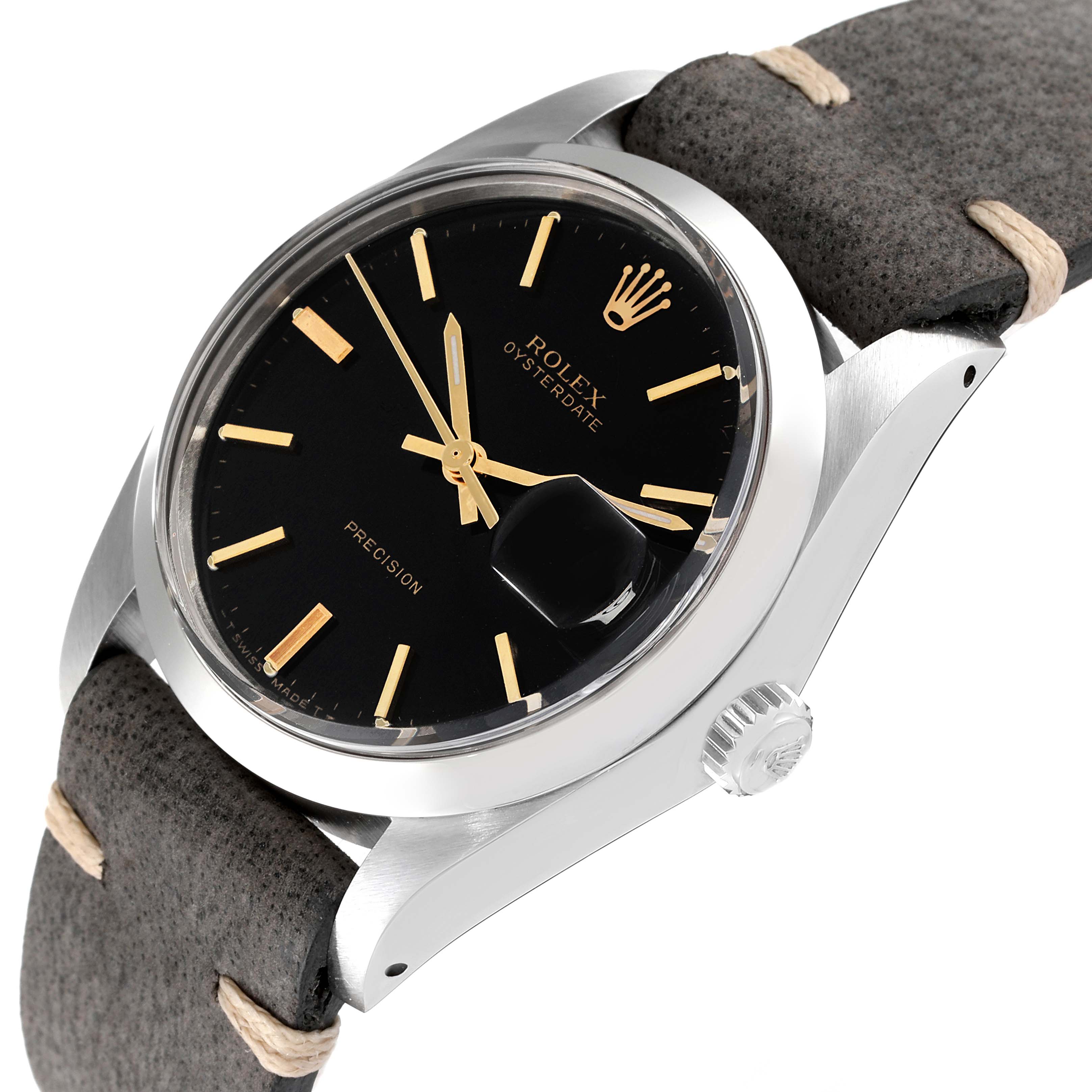 The image shows a Rolex Oysterdate Precision watch from a top-down angle, highlighting the dial, crown, and part of the strap.