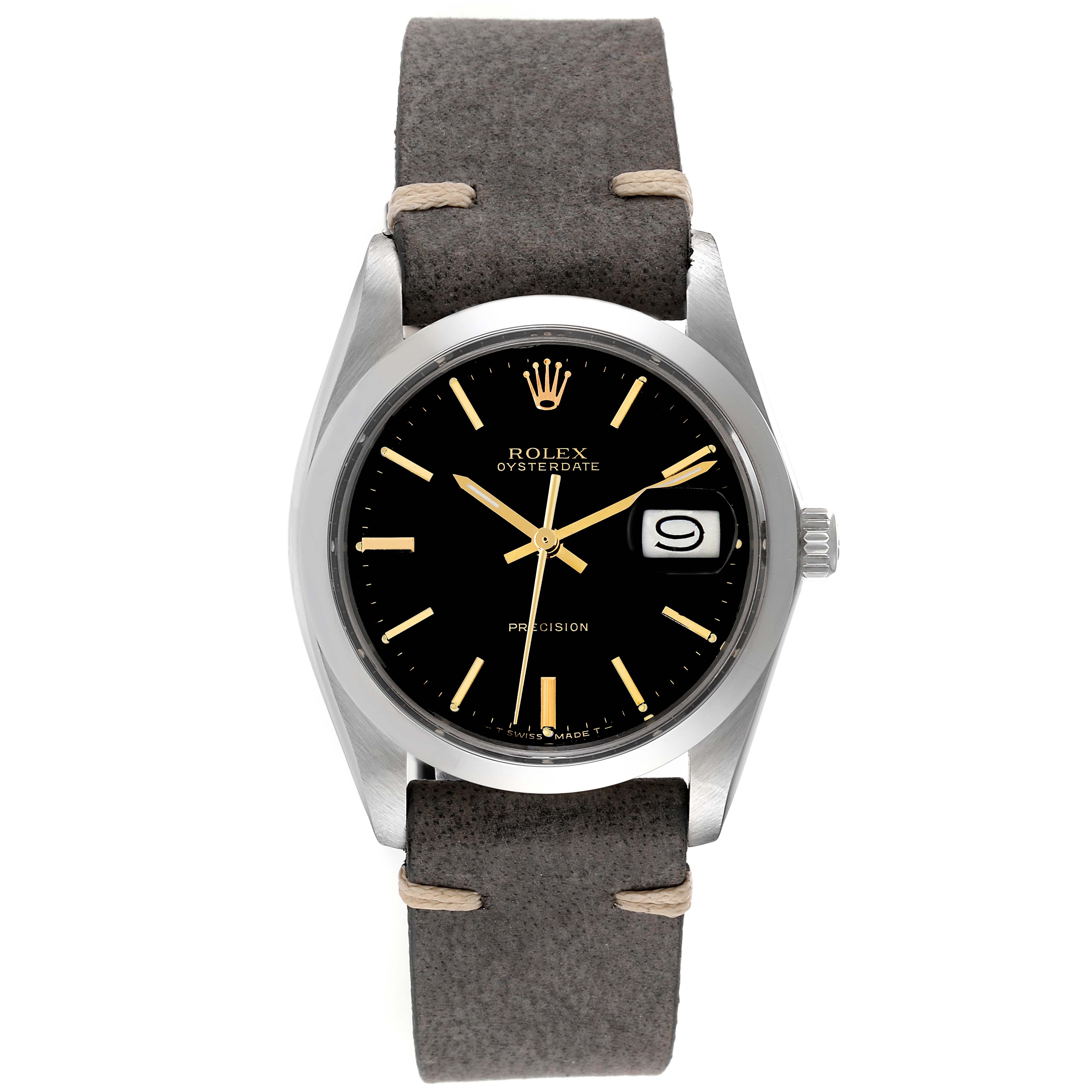 The image shows a front view of a Rolex Date 6694 Men's Stainless Steel Black Dial 6694 Men's Stainless Steel Black Dial model watch, highlighting the dial, case, crown, and strap.
