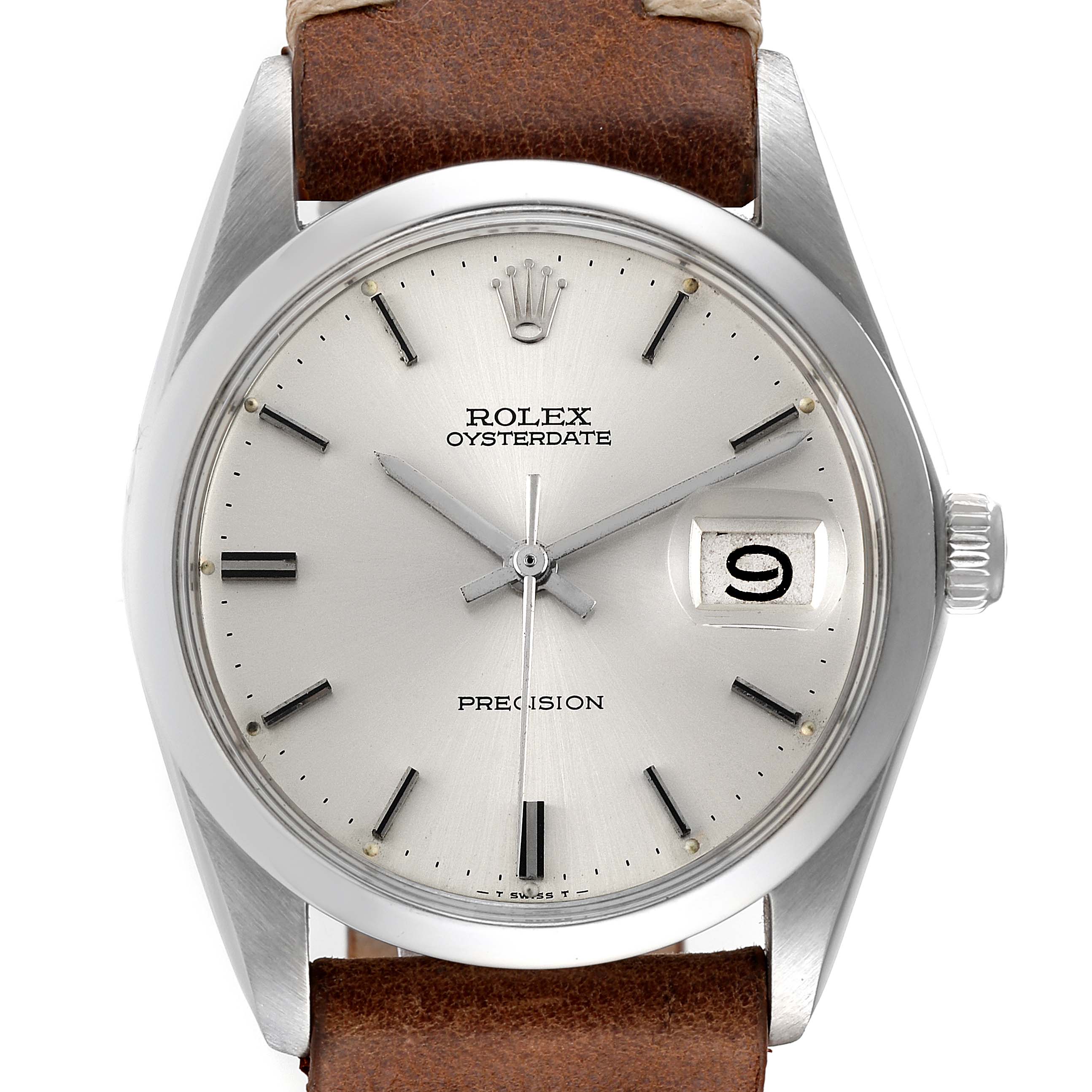 The image shows a front view of a Rolex Oysterdate Precision watch with a brown leather strap.