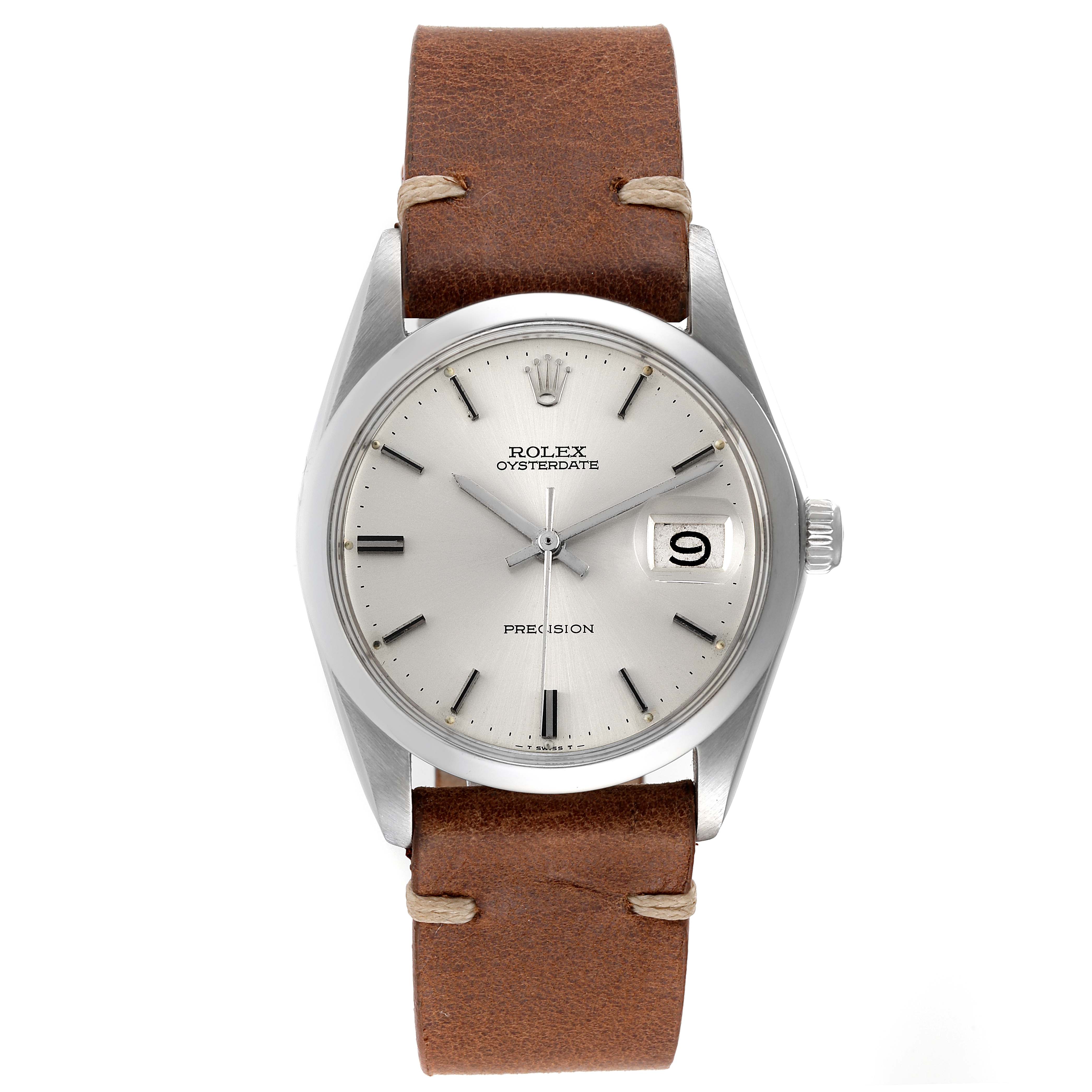 The image shows a Rolex Date 6694 Men's Stainless Steel Silver Dial 6694 Men's Stainless Steel Silver Dial model watch with a brown leather strap, viewed from the front.