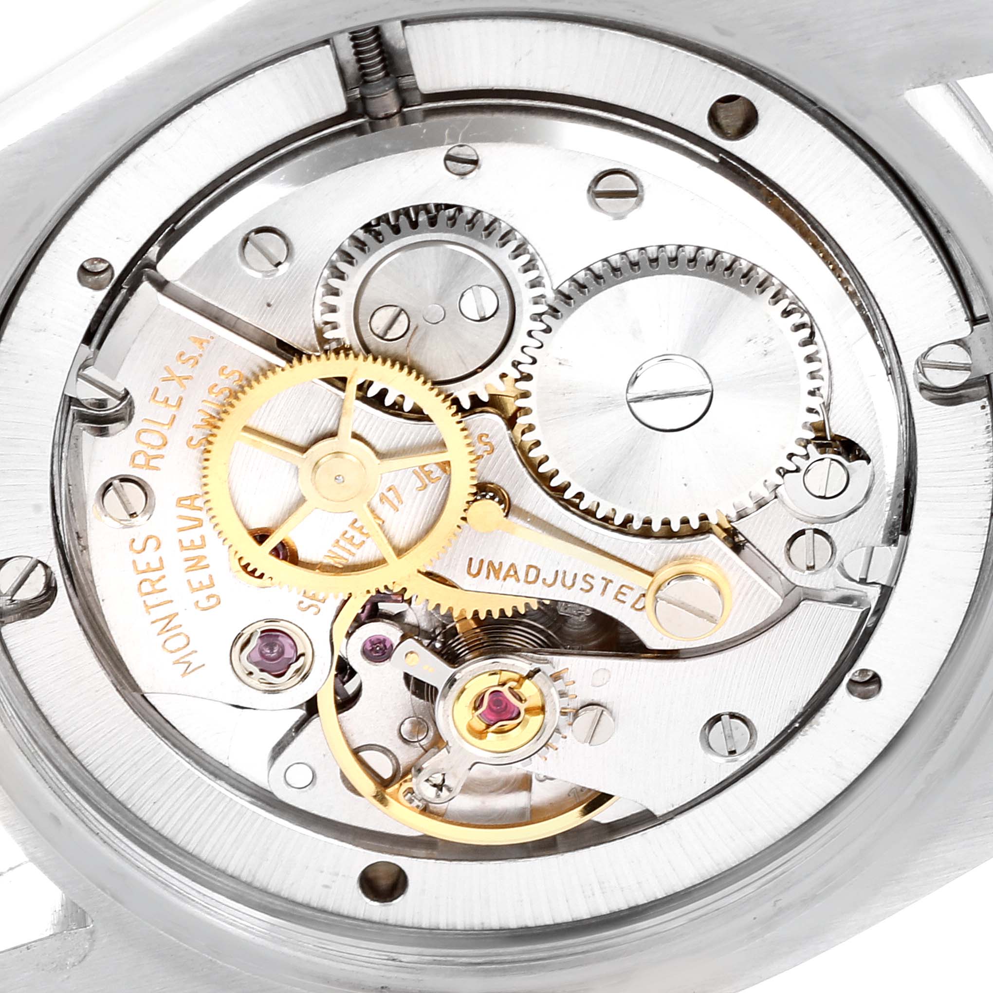 This image shows a close-up of the movement mechanism of a Rolex Date 6694 Men's Stainless Steel Silver Dial 6694 Men's Stainless Steel Silver Dial model watch.