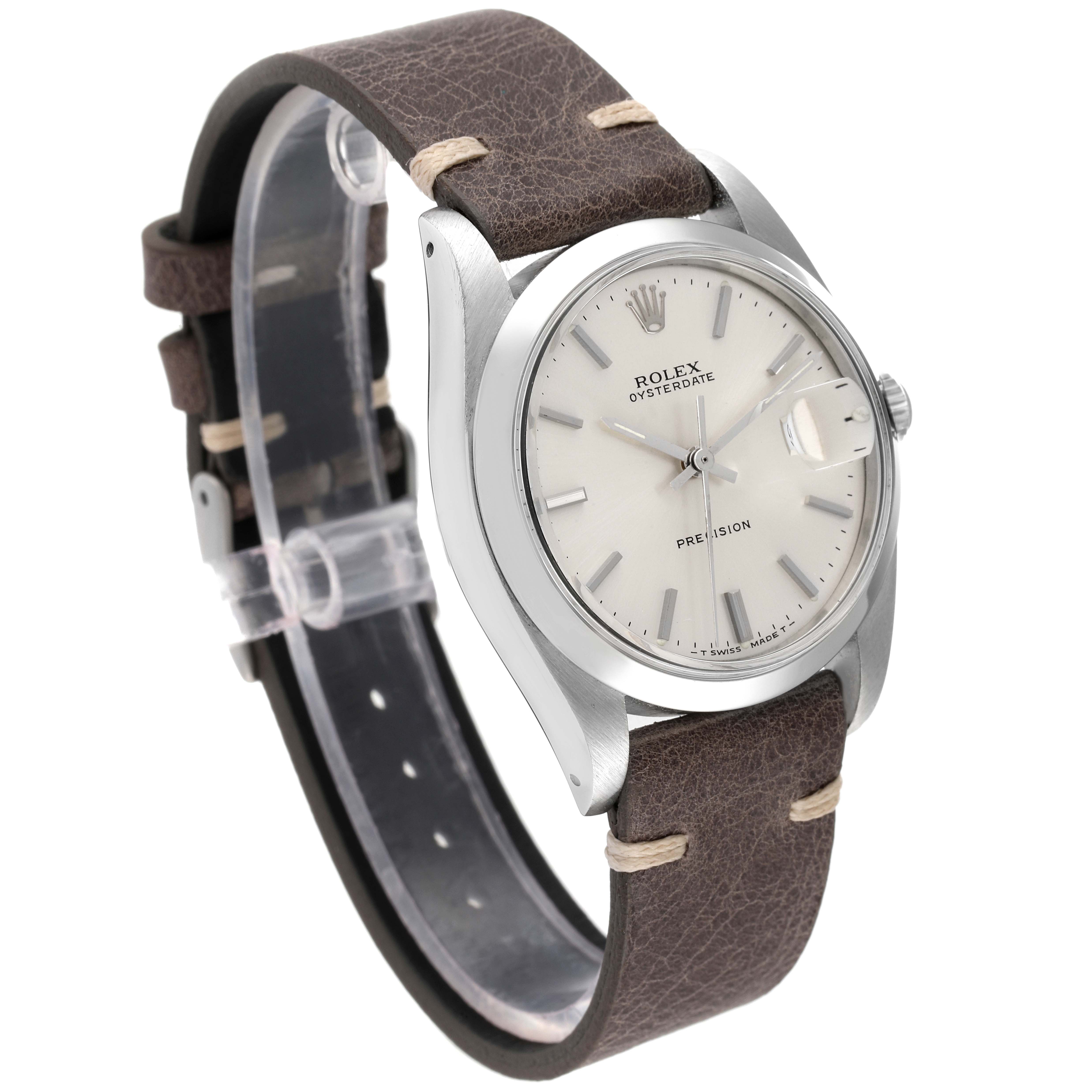This image shows a Rolex Oysterdate Precision watch at a three-quarter angle, featuring the face, bezel, and leather strap.