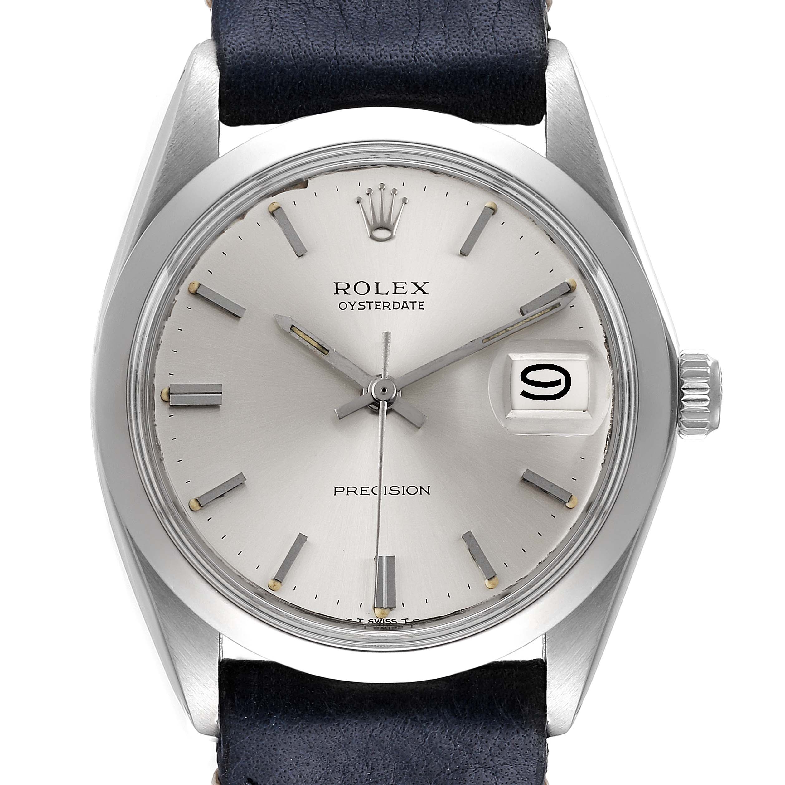 The image shows a front angle of the Rolex Date 6694 Men's Stainless Steel Silver Dial 6694 Men's Stainless Steel Silver Dial model watch, highlighting the face, hour markers, date window, and crown.