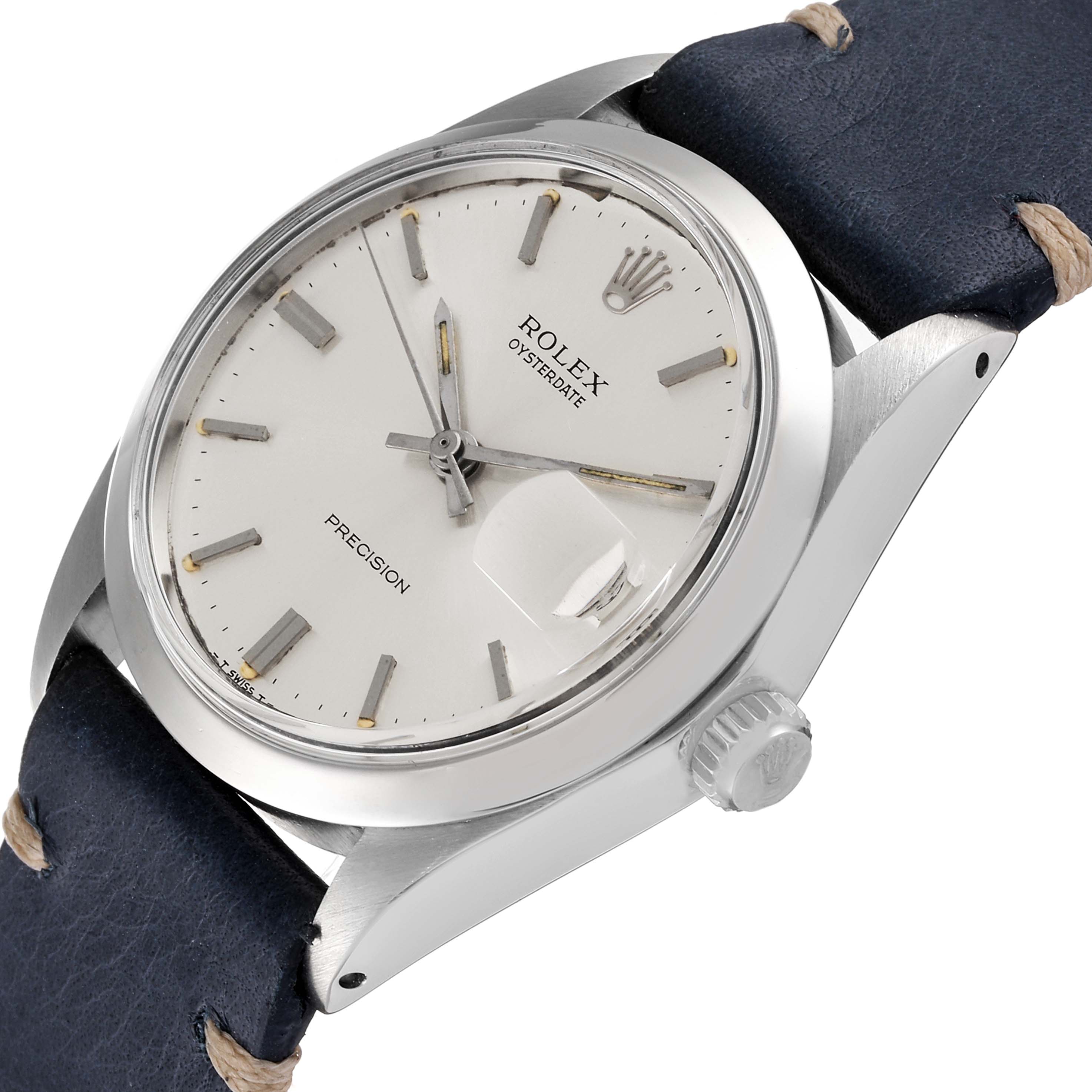 This Rolex Date 6694 Men's Stainless Steel Silver Dial 6694 Men's Stainless Steel Silver Dial model watch is shown at an angled view highlighting the dial, crown, and part of the strap.