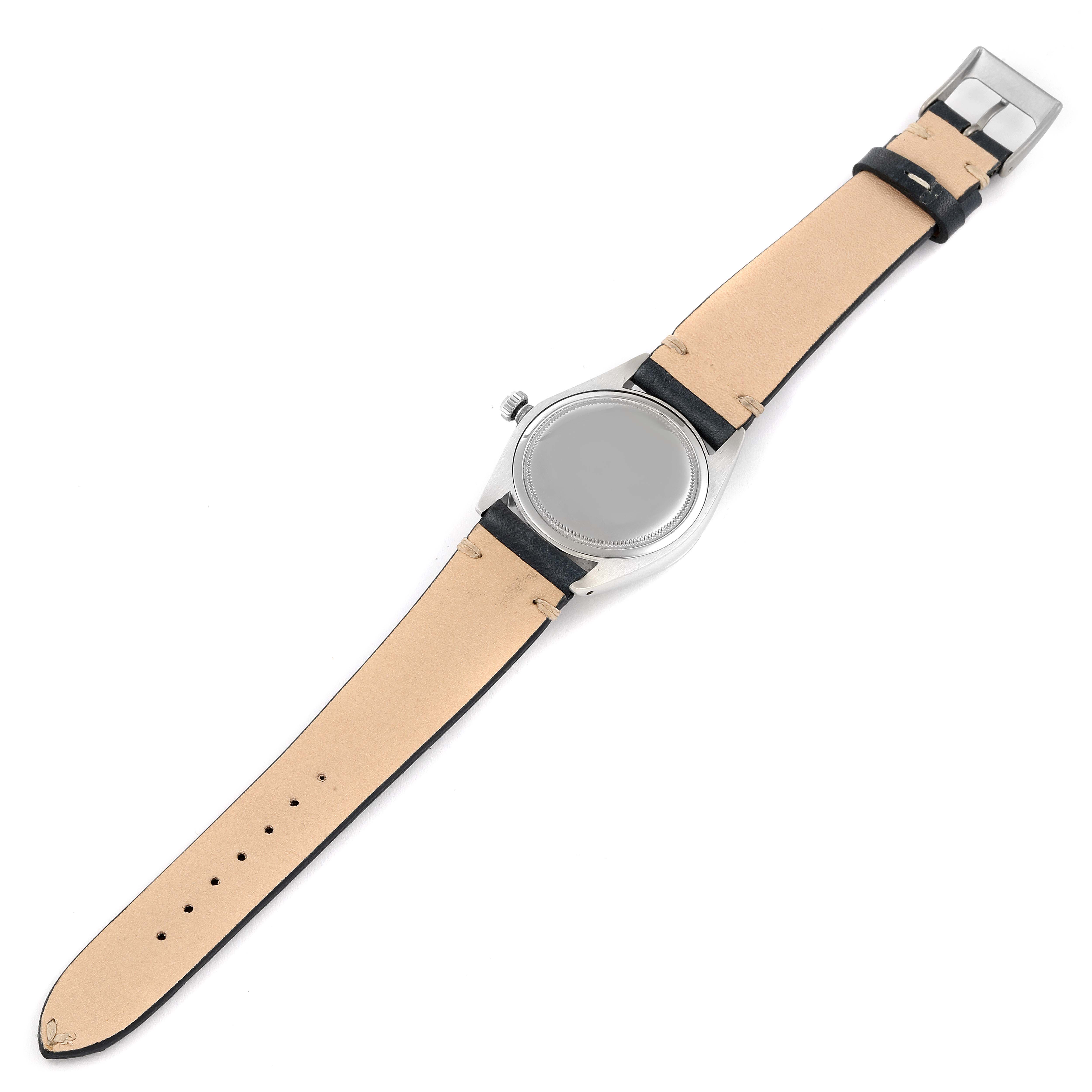 This image shows the back view of a Rolex Date 6694 Men's Stainless Steel Silver Dial 6694 Men's Stainless Steel Silver Dial model watch, displaying the watch case and leather strap.