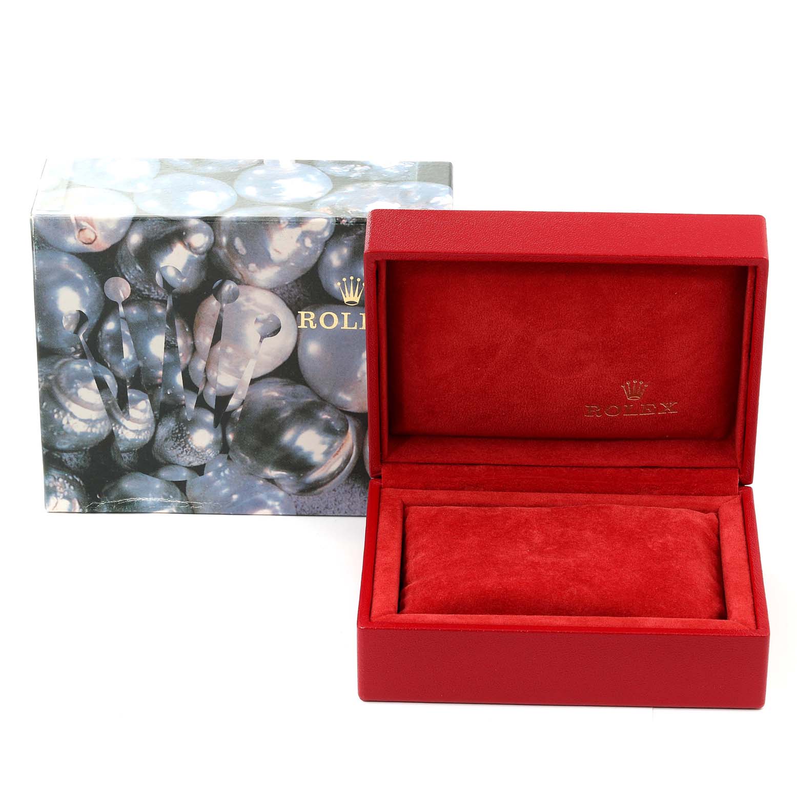 The image shows a Rolex President 69178 Women
s Yellow Gold Champagne Dial 69178 Women
s Yellow Gold Champagne Dial watch box set with an open red inner box and a decorative outer box.