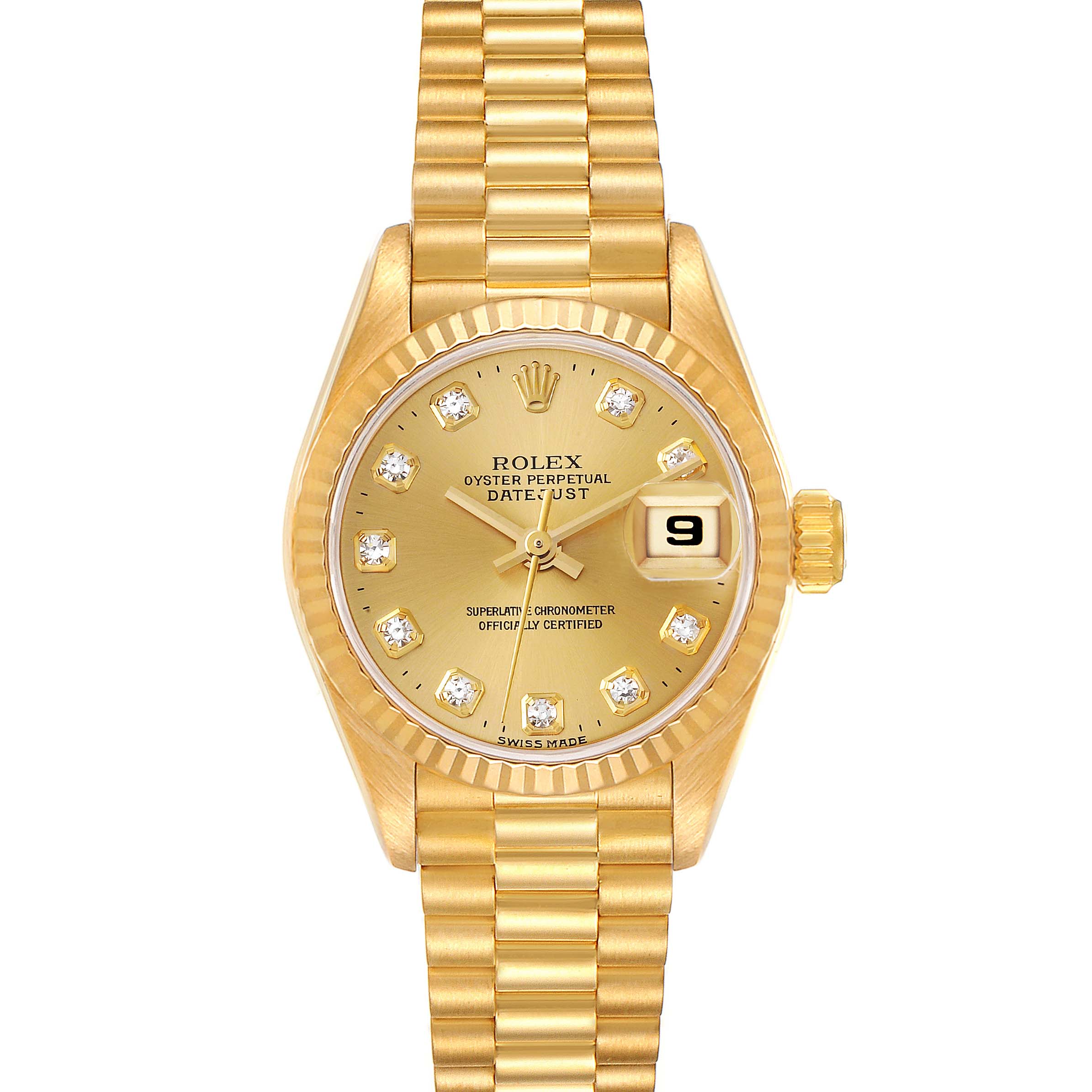 This image shows the Rolex President 69178 Women
s Yellow Gold Champagne Dial 69178 Women
s Yellow Gold Champagne Dial model watch from a front angle, displaying the face, bezel, and bracelet.