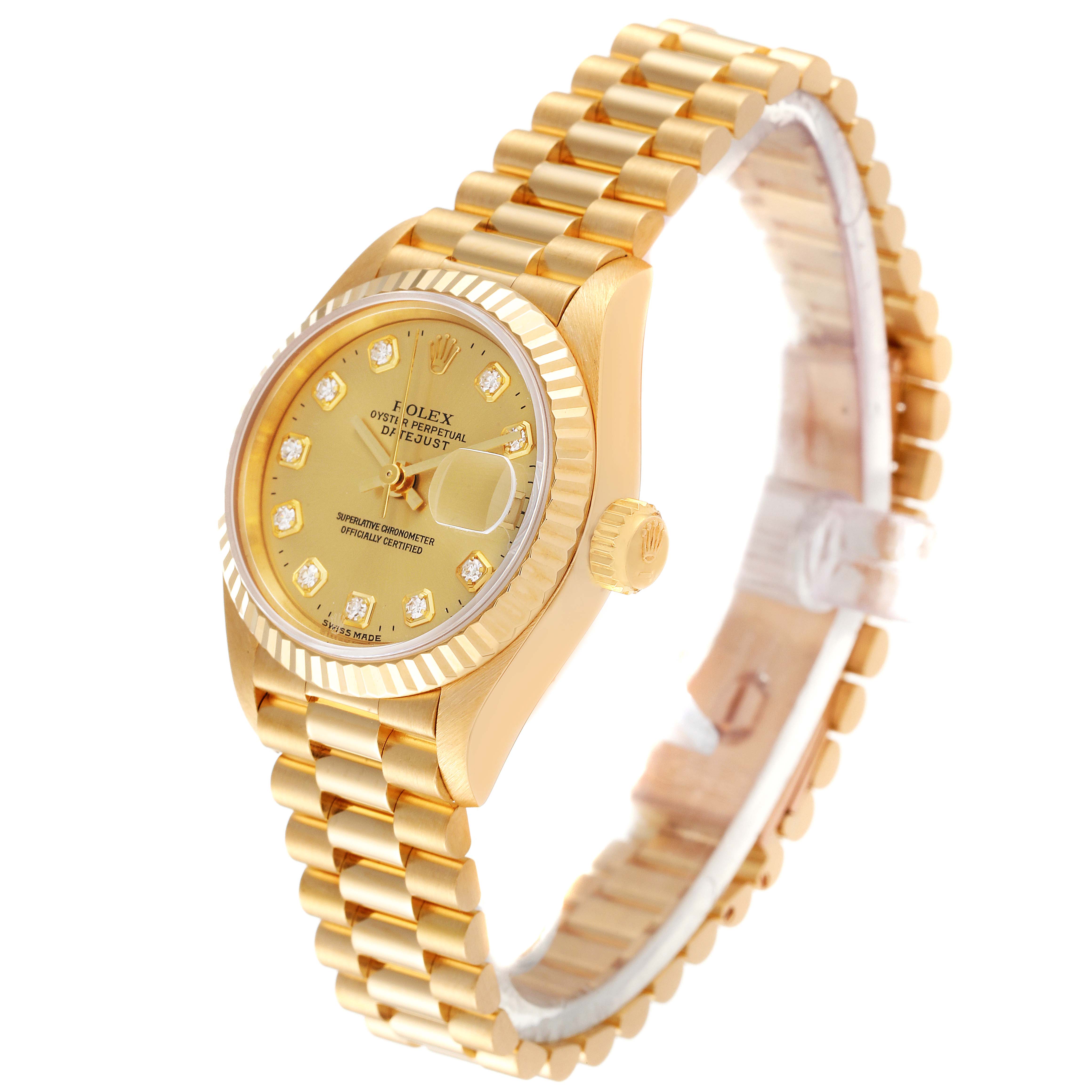 This image shows a side angle of a gold Rolex President 69178 Women
s Yellow Gold Champagne Dial 69178 Women
s Yellow Gold Champagne Dial model watch, highlighting the dial, bezel, crown, and bracelet.