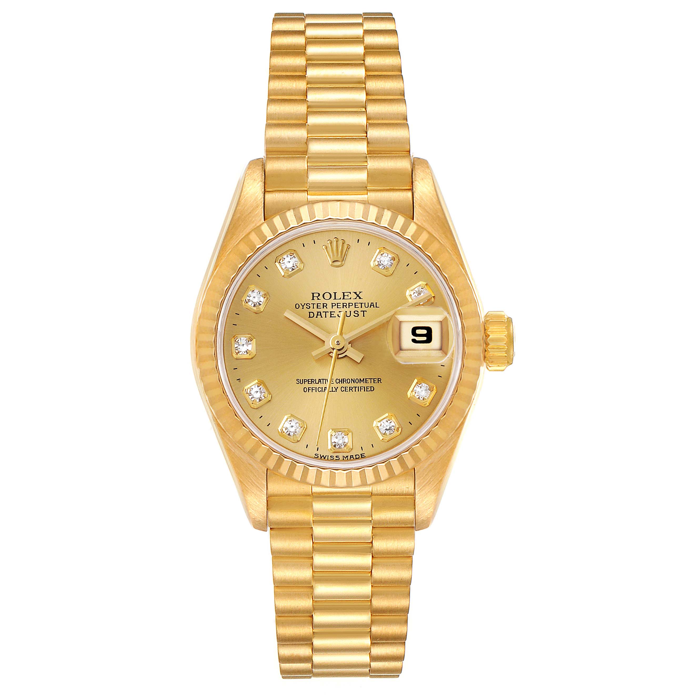 The image shows a Rolex President 69178 Women
s Yellow Gold Champagne Dial 69178 Women
s Yellow Gold Champagne Dial model watch with a gold dial, diamond hour markers, and a date window at 3 o
clock.